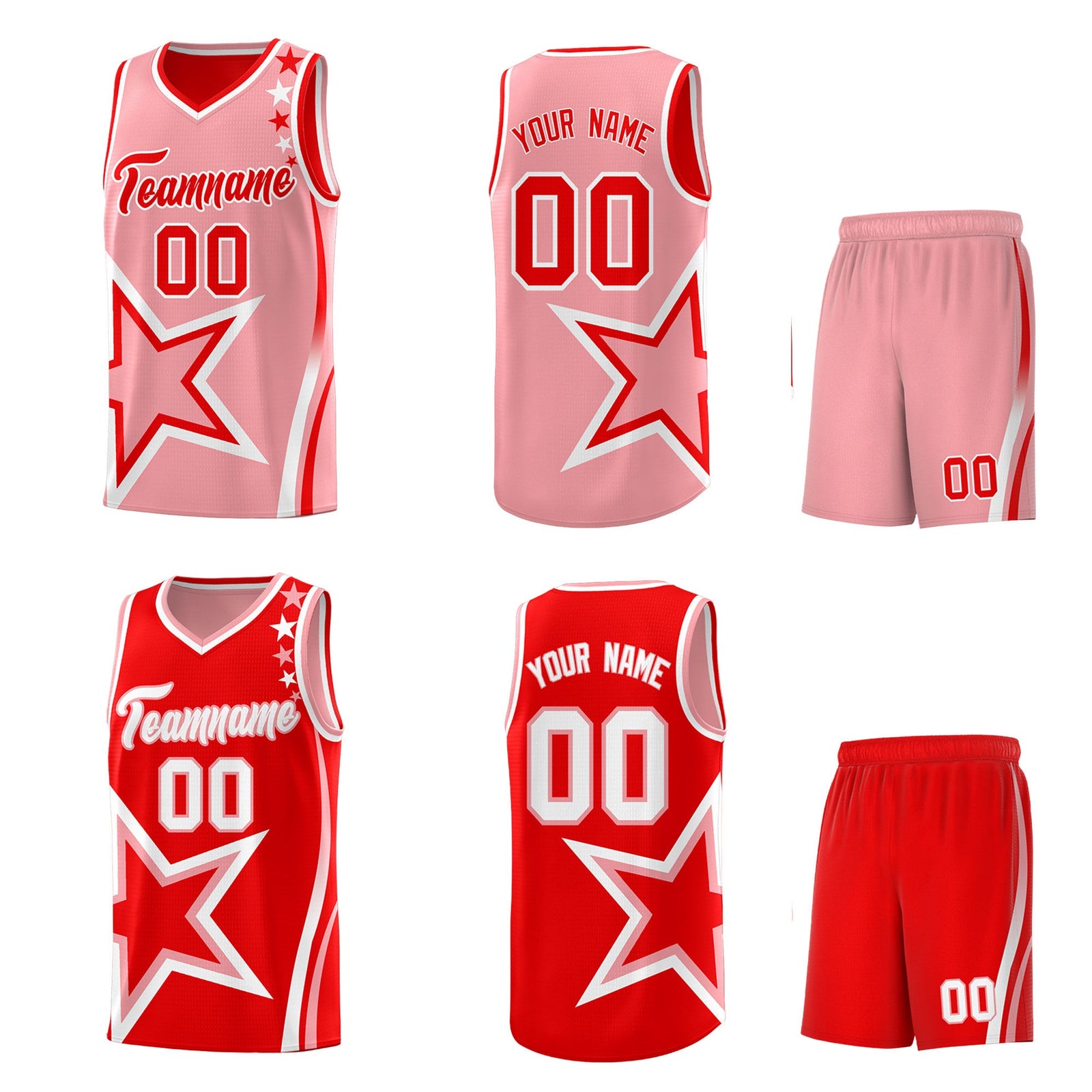 Custom Light Red Light Pink White Star Series Reversible Sets Basketball Jersey| KXKSHOP