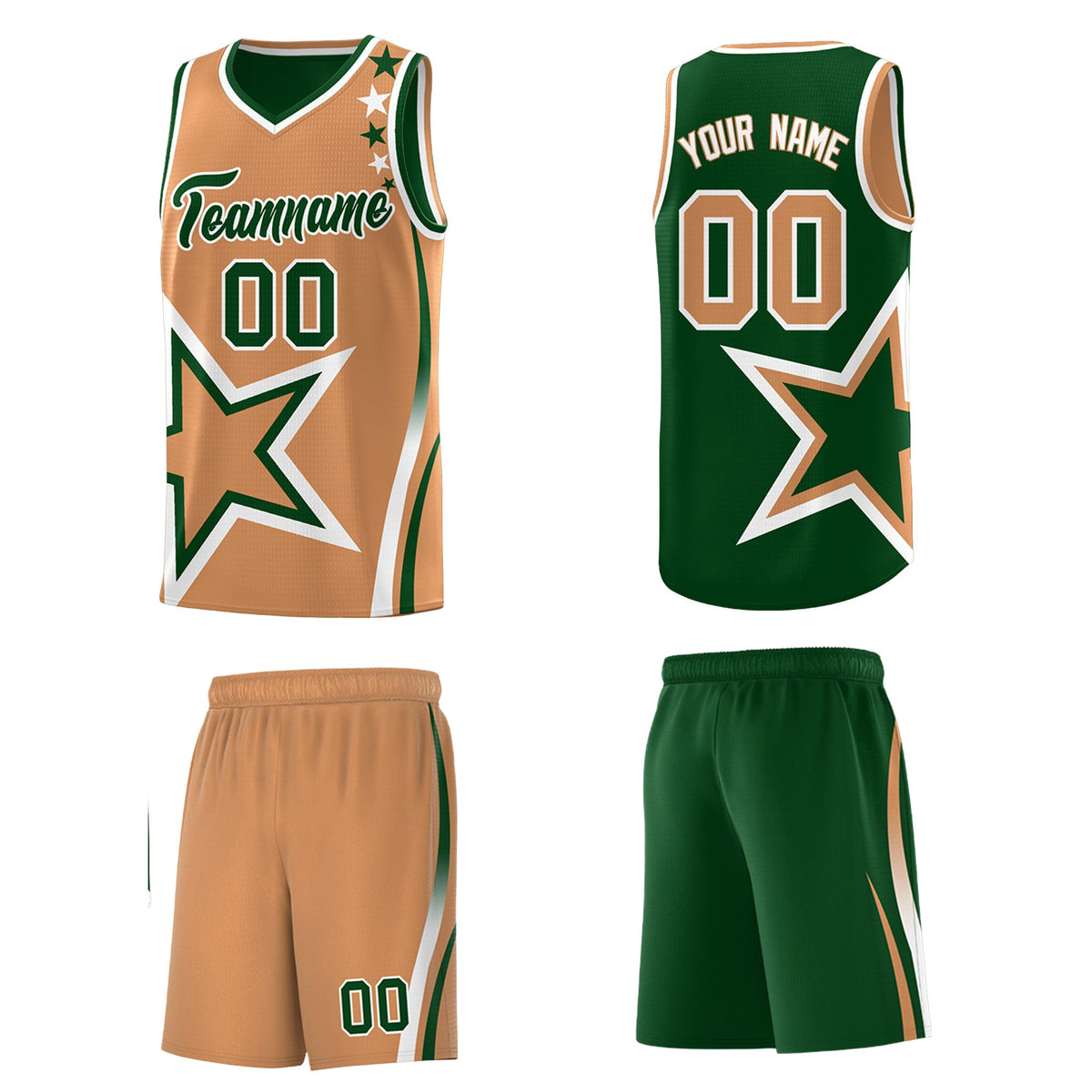 Custom Green Buckskin Brown White Star Series Reversible Sets Basketball Jersey| KXKSHOP