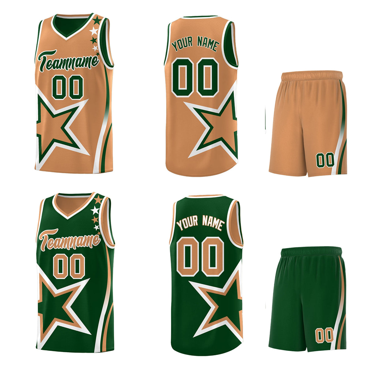 Custom Green Buckskin Brown White Star Series Reversible Sets Basketball Jersey| KXKSHOP