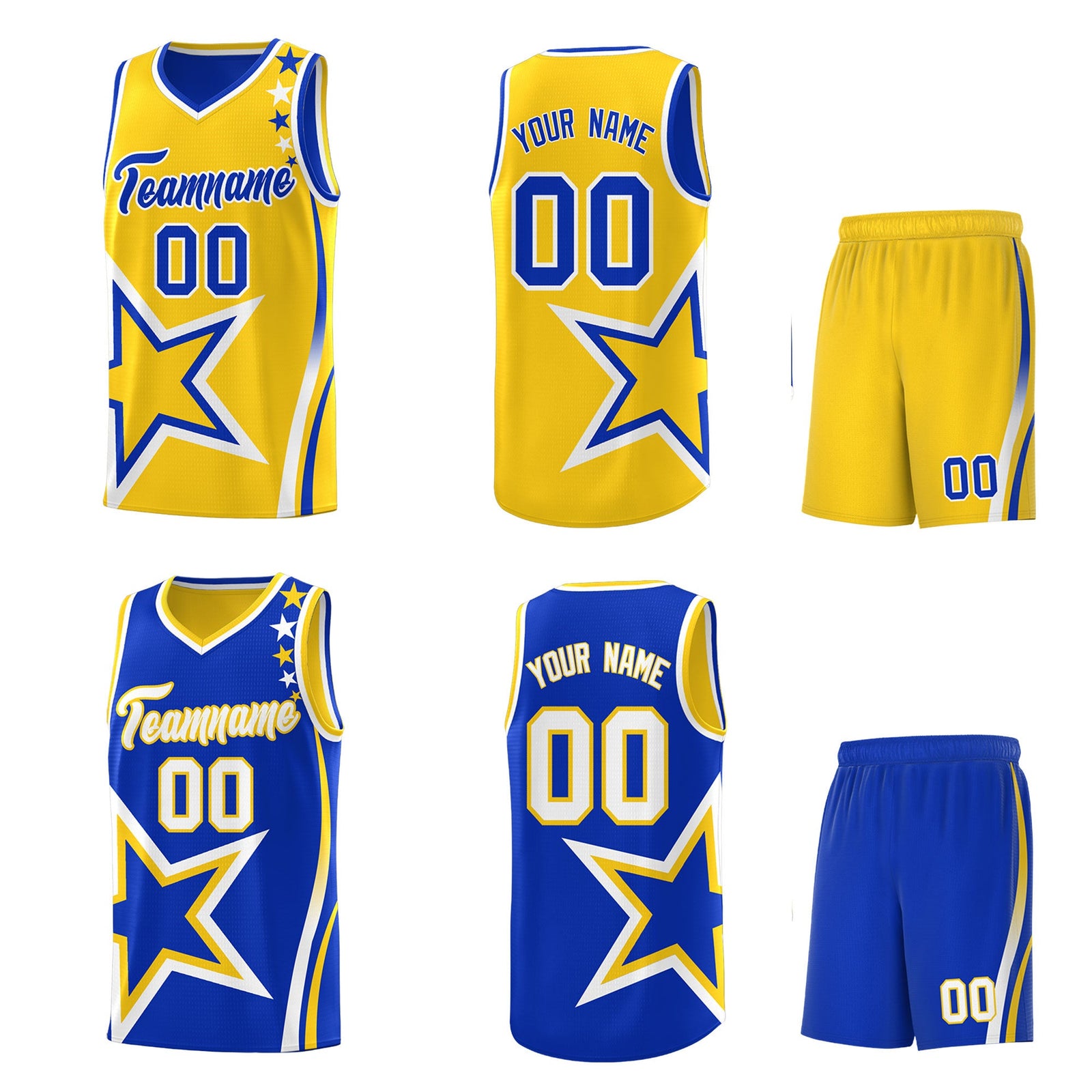 Custom Royal Blue Gold White Star Series Reversible Sets Basketball Jersey| KXKSHOP