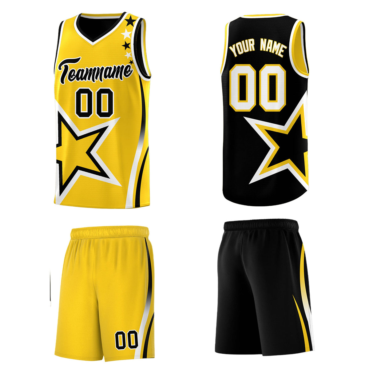 Custom Black Gold White Star Series Reversible Sets Basketball Jersey| KXKSHOP