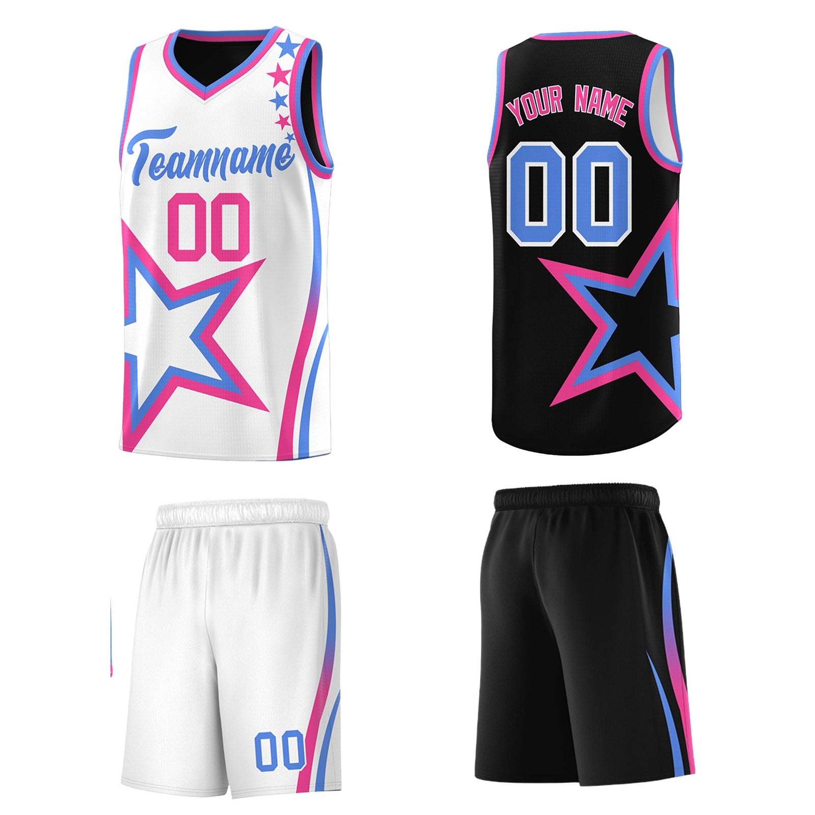 Custom Black Light Blue Pink Star Series Reversible Sets Basketball Jersey| KXKSHOP