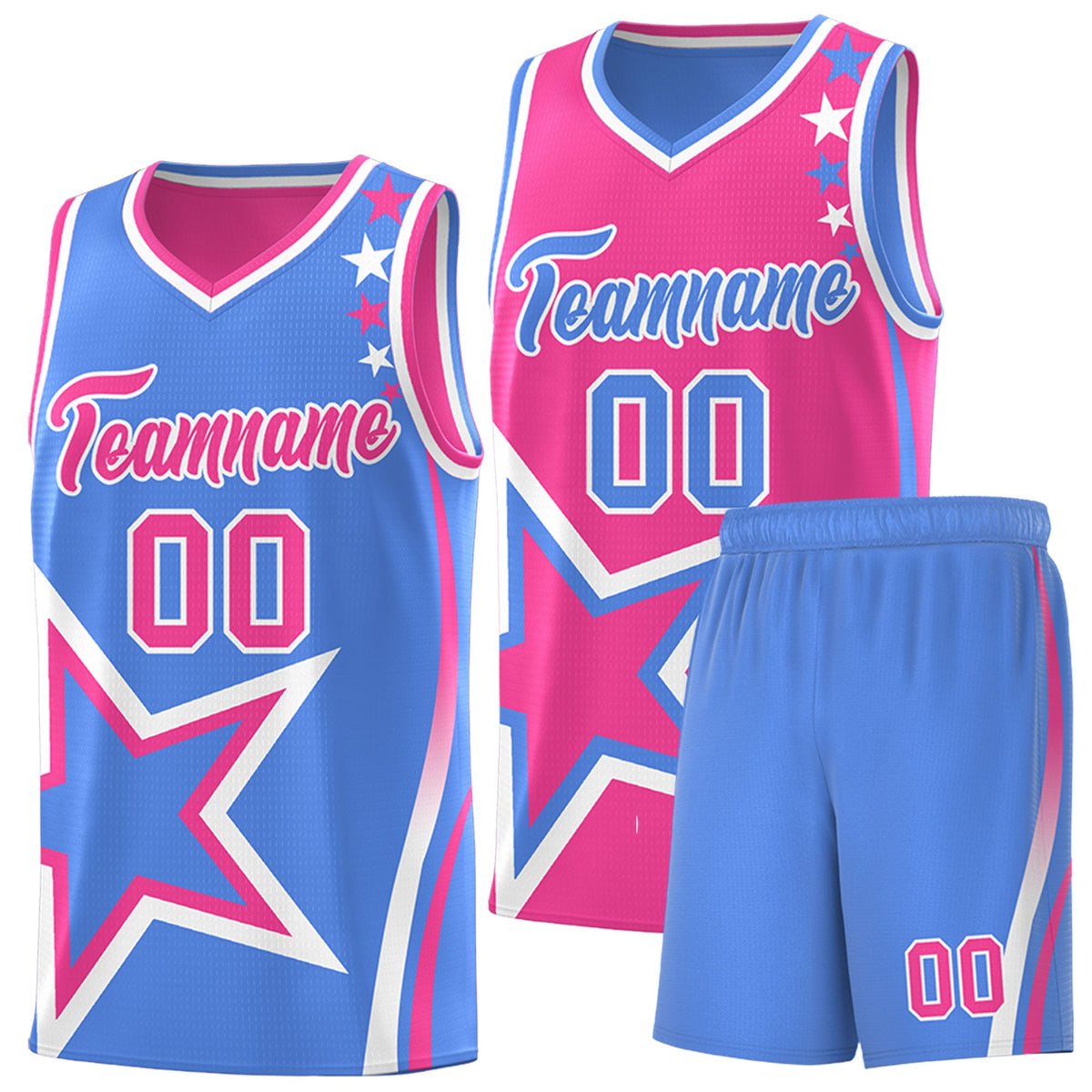Custom Light Blue Pink White Star Series Reversible Sets Basketball Jersey| KXKSHOP