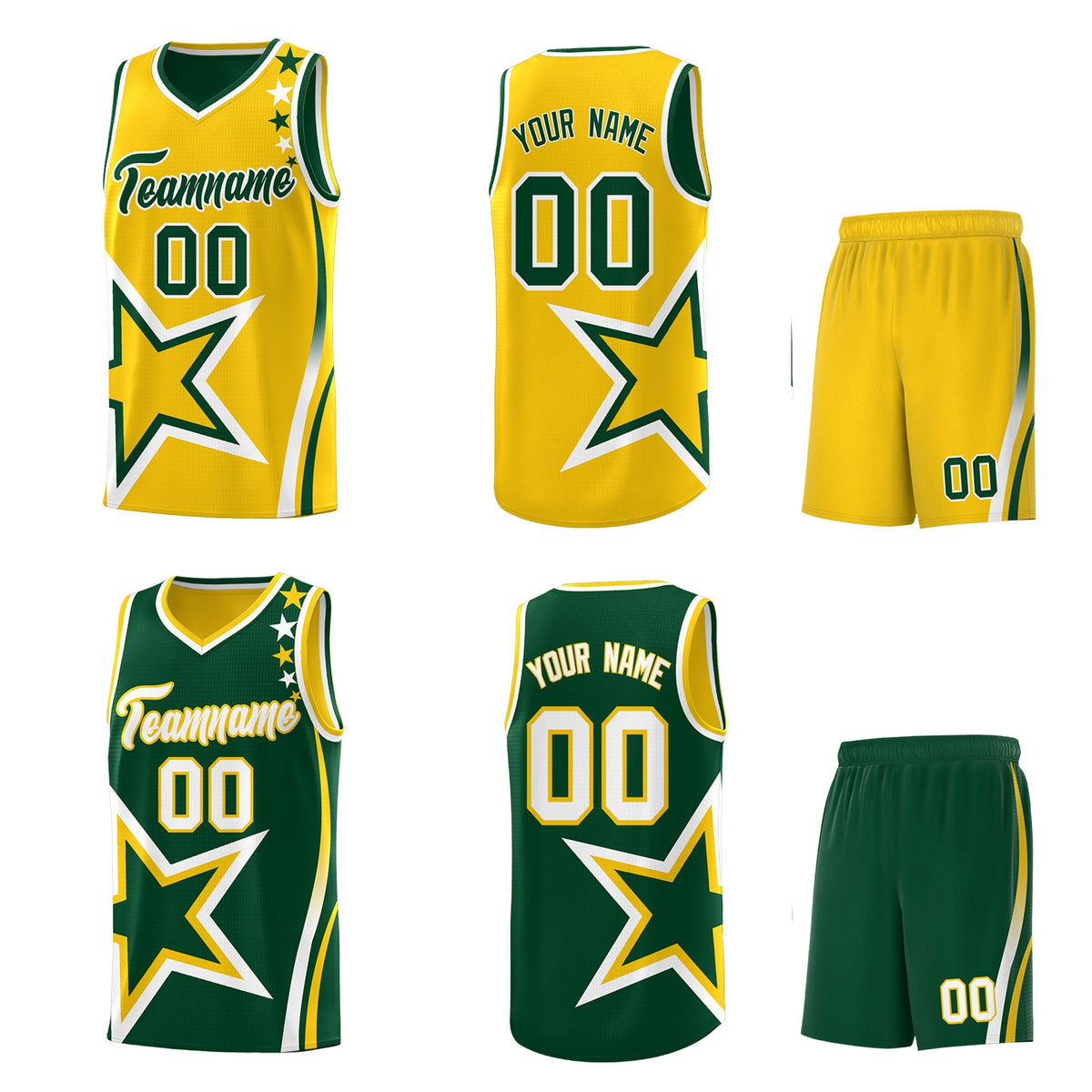 Custom Green Gold White Star Series Reversible Sets Basketball Jersey| KXKSHOP