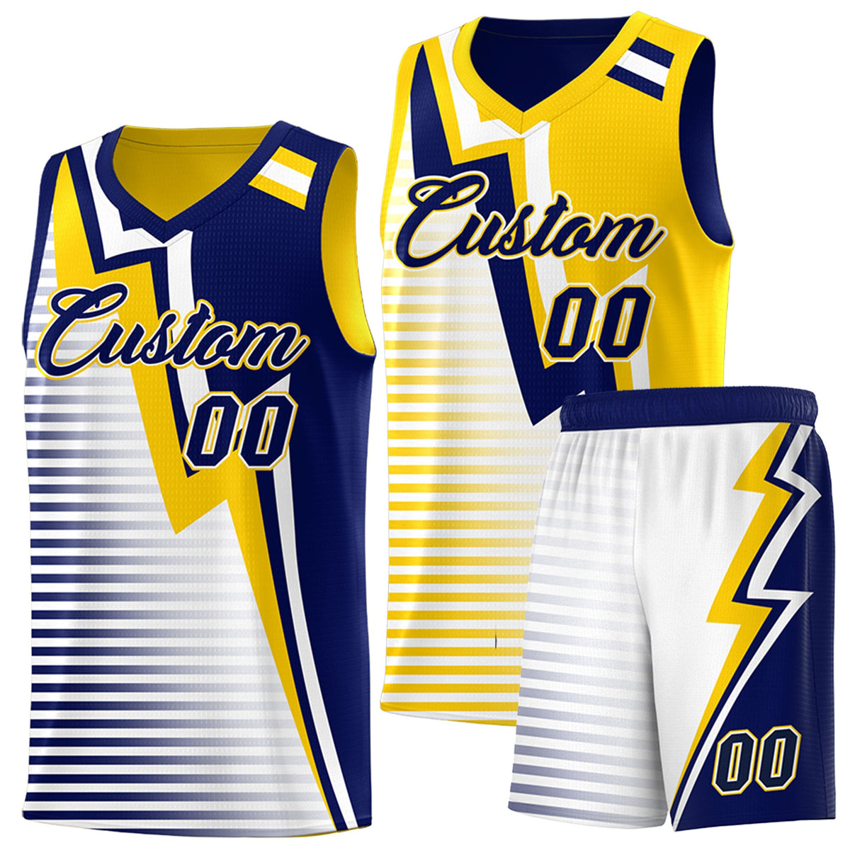 Custom Navy Gold White Gradient Stripes Lightning Pattern Reversible Sets Basketball Jersey| KXKSHOP