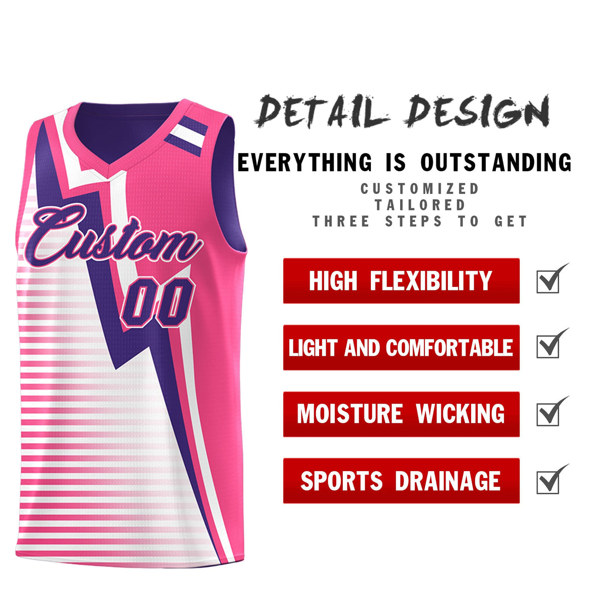 Custom Purple Pink White Gradient Stripes Lightning Pattern Reversible Sets Basketball Jersey| KXKSHOP