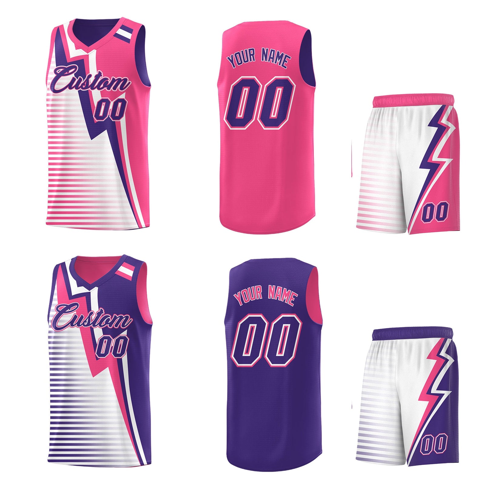Custom Purple Pink White Gradient Stripes Lightning Pattern Reversible Sets Basketball Jersey| KXKSHOP