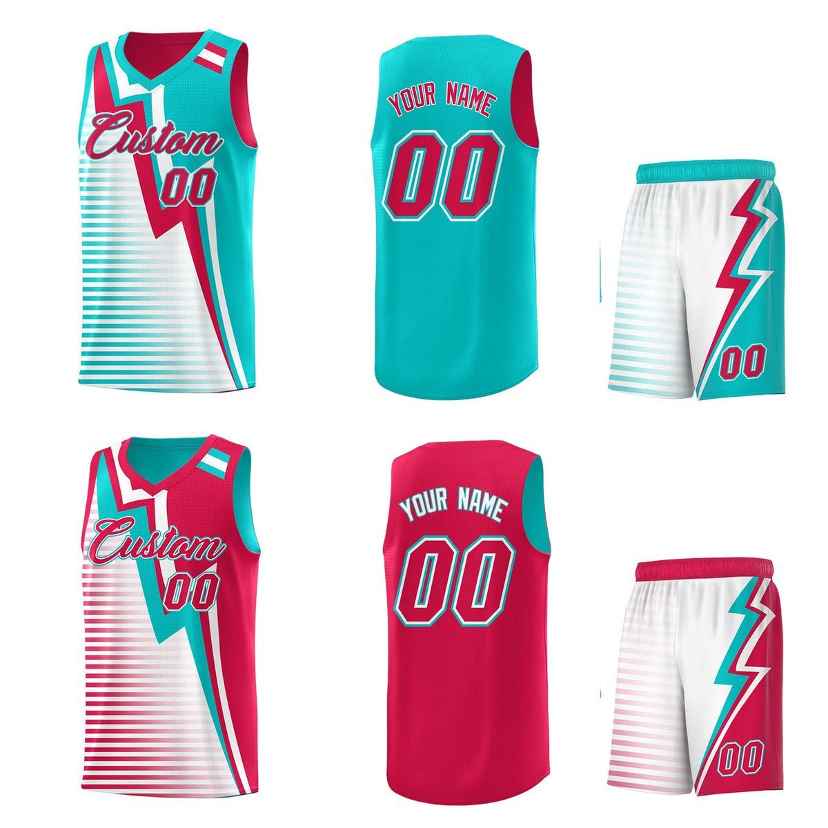 Custom Red Aqua White Gradient Stripes Lightning Pattern Reversible Sets Basketball Jersey| KXKSHOP