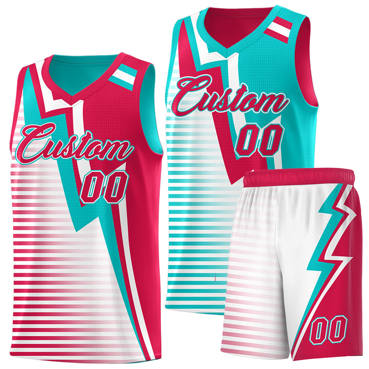 Custom Red Aqua White Gradient Stripes Lightning Pattern Reversible Sets Basketball Jersey| KXKSHOP