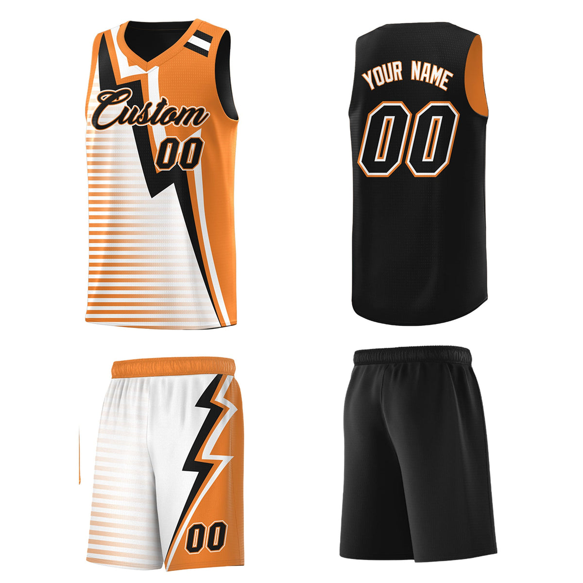 Custom Black Gold Orange White Gradient Stripes Lightning Pattern Reversible Sets Basketball Jersey| KXKSHOP
