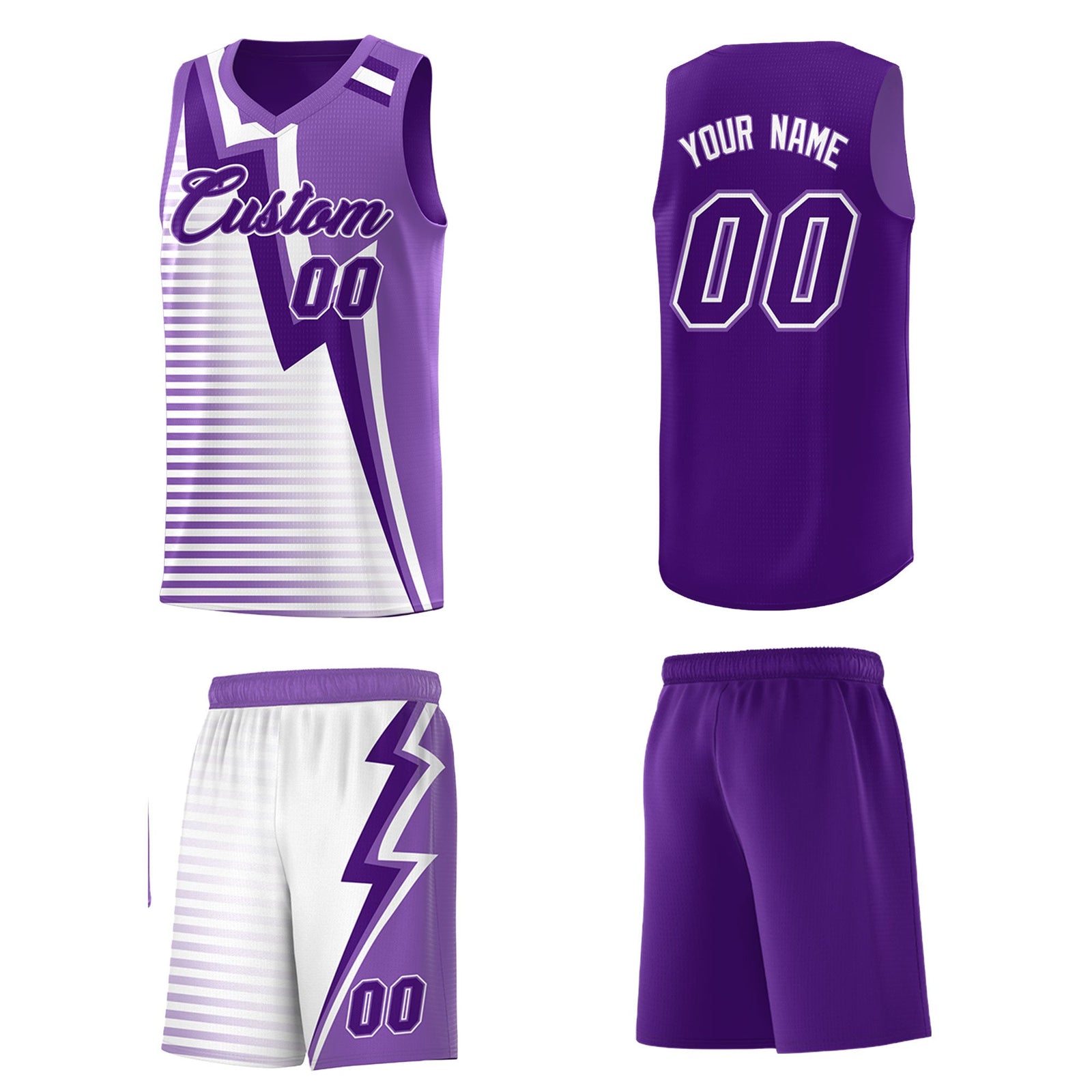 Custom Purple Light Purple White Gradient Stripes Lightning Pattern Reversible Sets Basketball Jersey| KXKSHOP