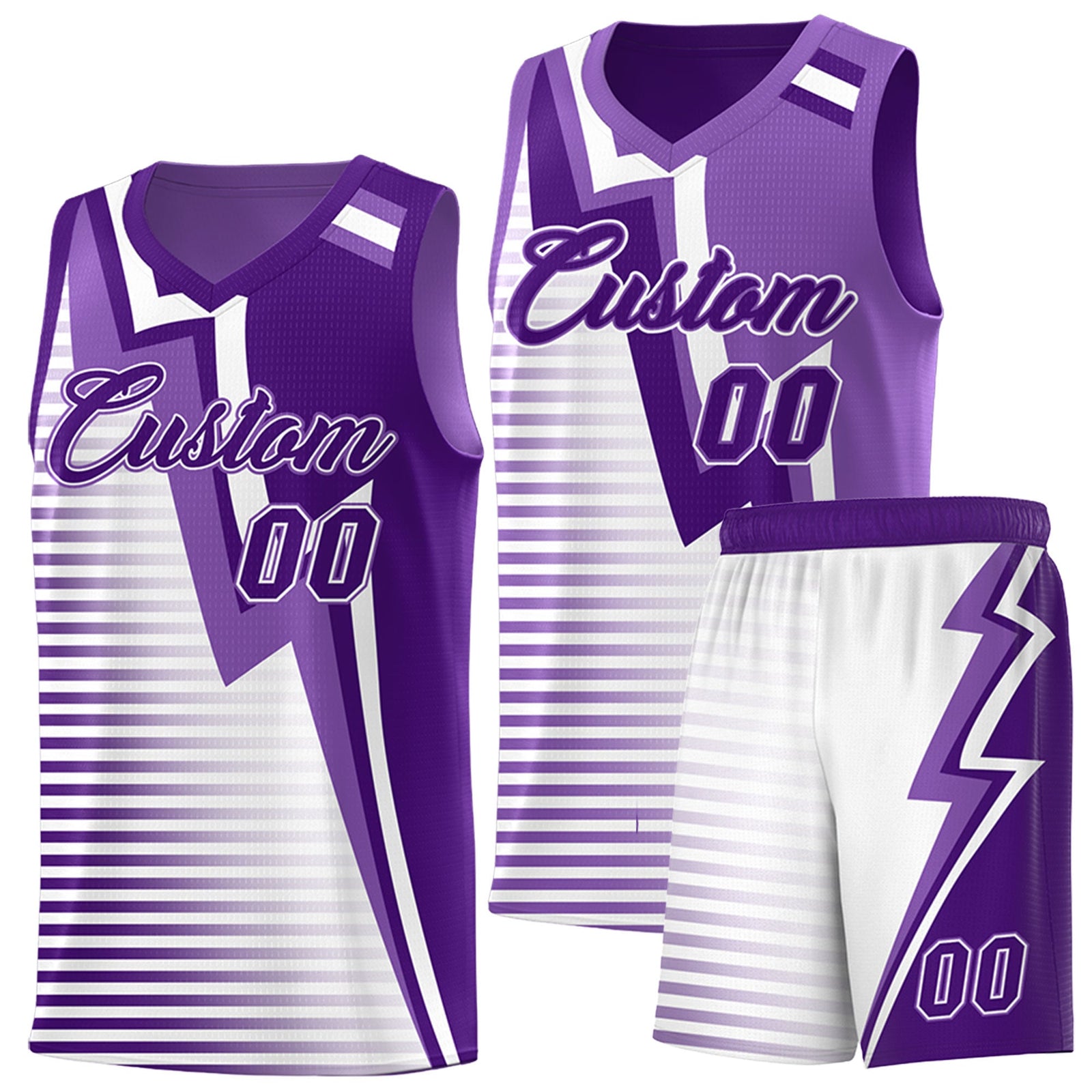 Custom Purple Light Purple White Gradient Stripes Lightning Pattern Reversible Sets Basketball Jersey| KXKSHOP