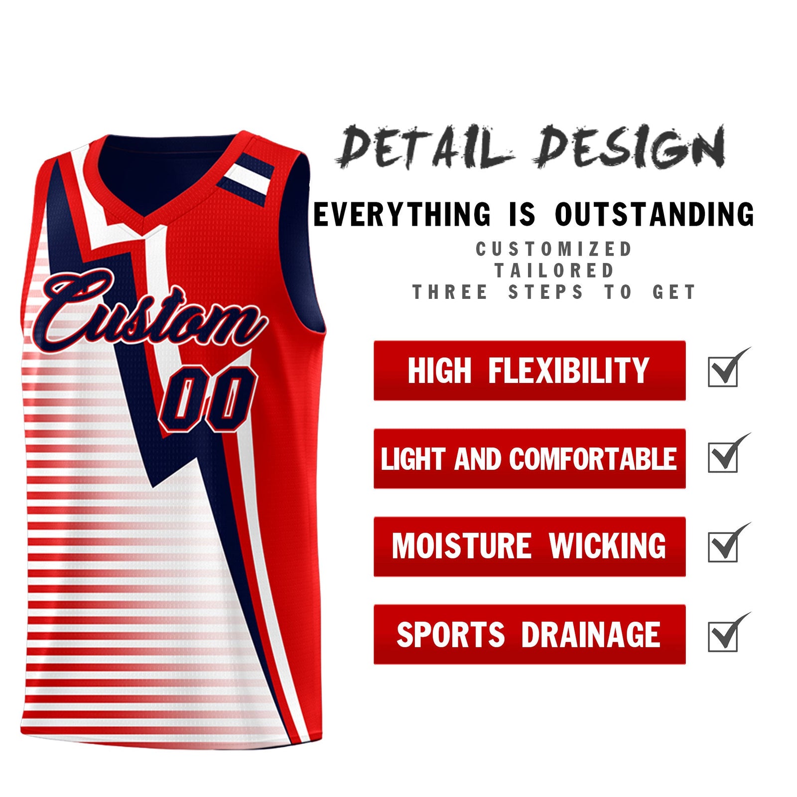 Custom Navy Red White Gradient Stripes Lightning Pattern Reversible Sets Basketball Jersey| KXKSHOP