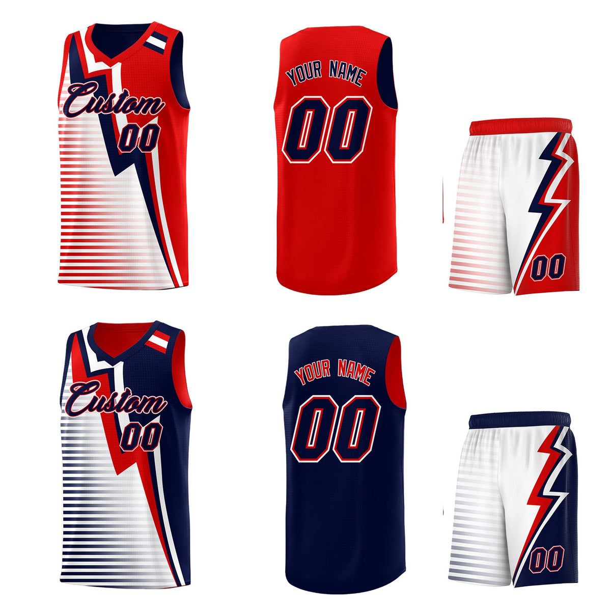 Custom Navy Red White Gradient Stripes Lightning Pattern Reversible Sets Basketball Jersey| KXKSHOP