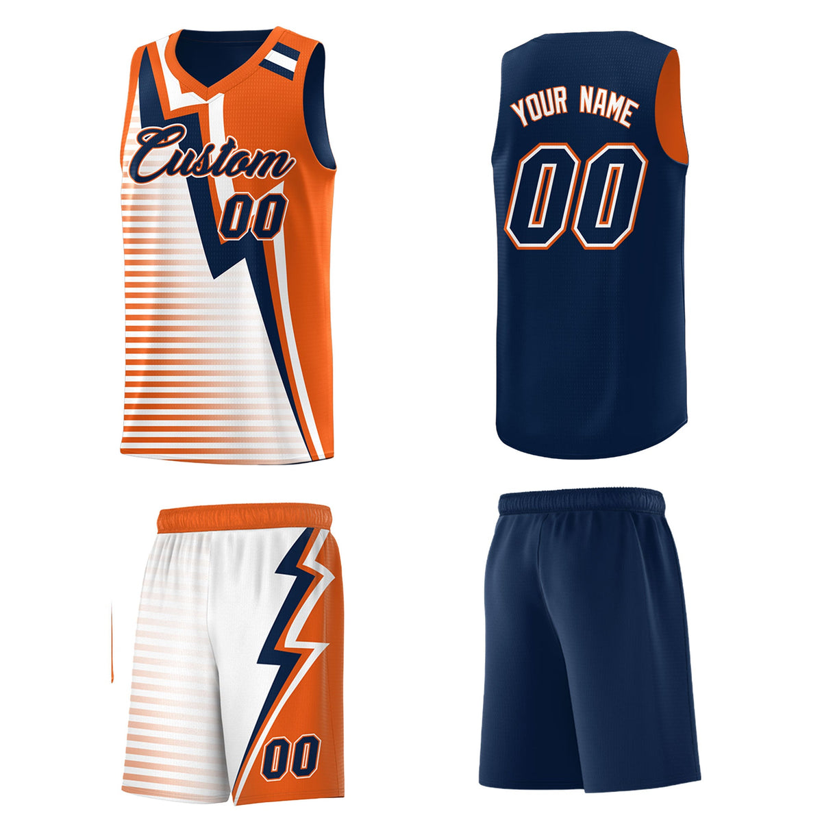 Custom Navy Orange White Gradient Stripes Lightning Pattern Reversible Sets Basketball Jersey| KXKSHOP