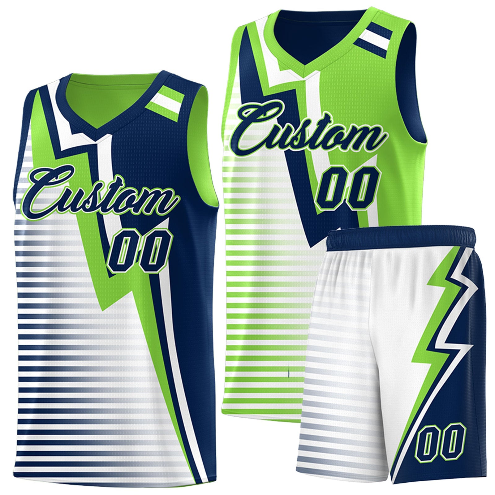 Custom Navy Fluorescent Green White Gradient Stripes Lightning Pattern Reversible Sets Basketball Jersey| KXKSHOP