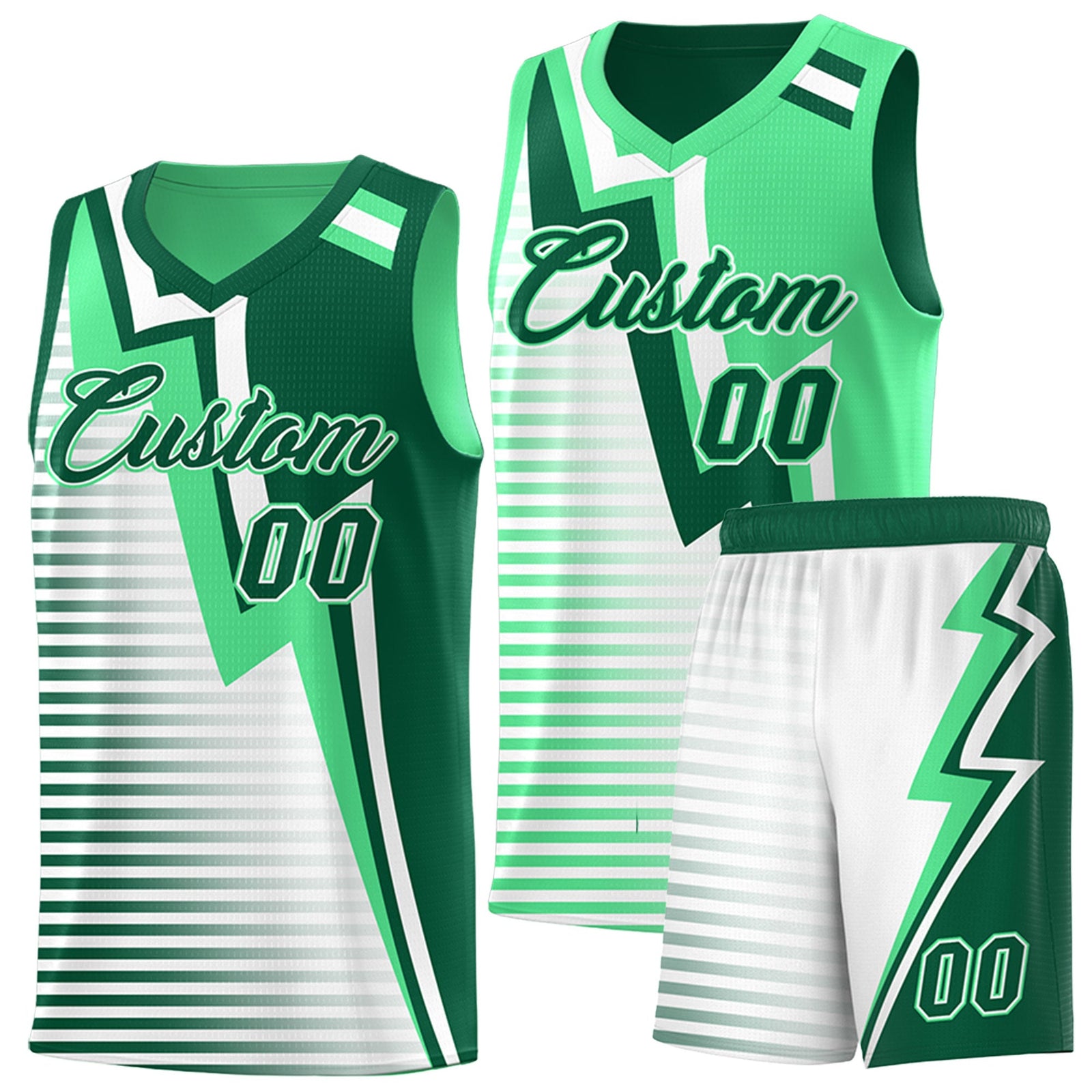 Custom Kelly Green Green White Gradient Stripes Lightning Pattern Reversible Sets Basketball Jersey| KXKSHOP