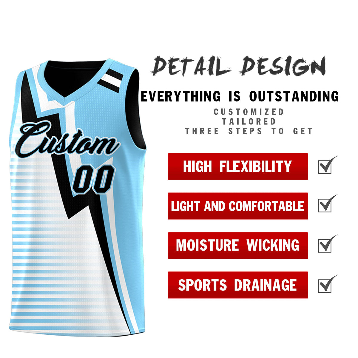 Custom Black Light Blue White Gradient Stripes Lightning Pattern Reversible Sets Basketball Jersey| KXKSHOP