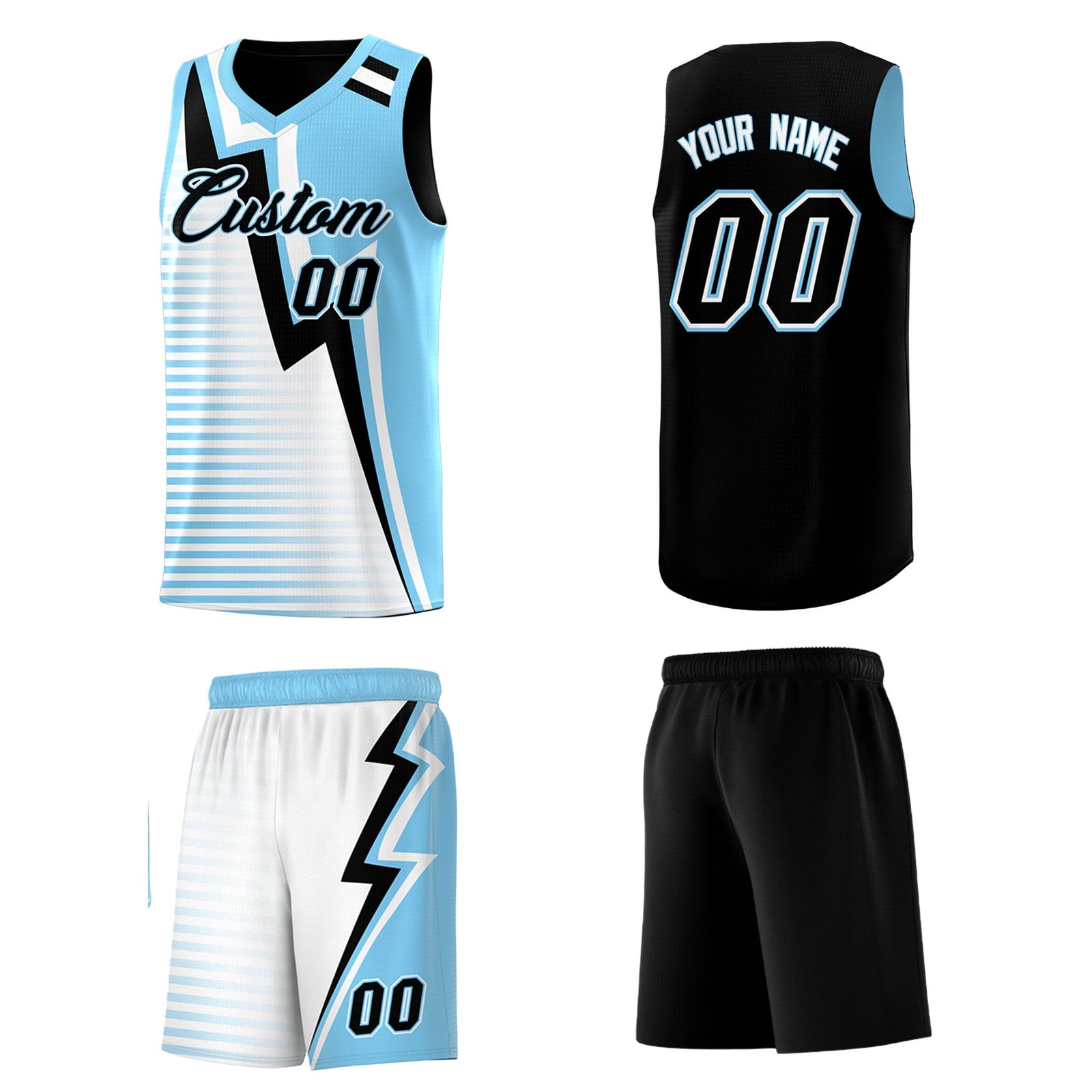 Custom Black Light Blue White Gradient Stripes Lightning Pattern Reversible Sets Basketball Jersey| KXKSHOP