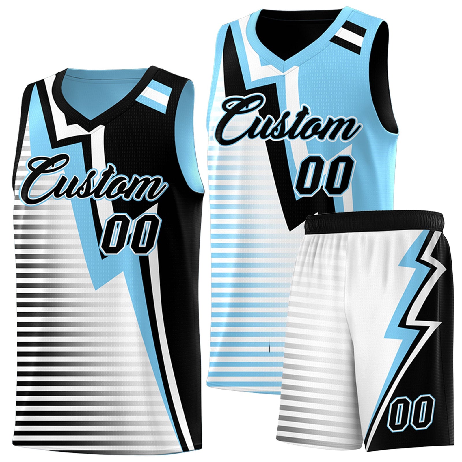 Custom Black Light Blue White Gradient Stripes Lightning Pattern Reversible Sets Basketball Jersey| KXKSHOP