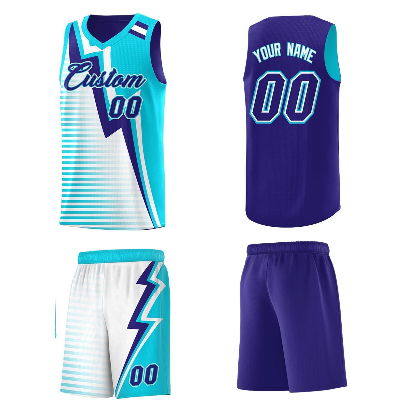 Custom Sky Blue Royal White Gradient Stripes Lightning Pattern Reversible Sets Basketball Jersey| KXKSHOP
