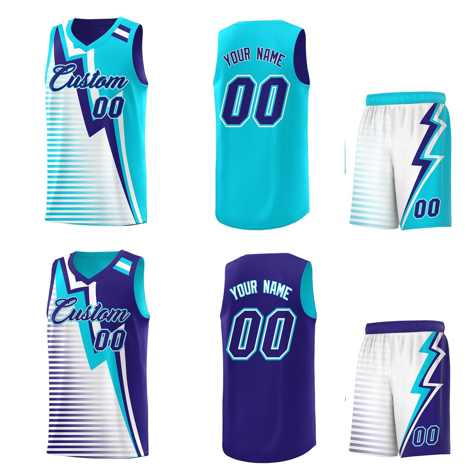 Custom Sky Blue Royal White Gradient Stripes Lightning Pattern Reversible Sets Basketball Jersey| KXKSHOP