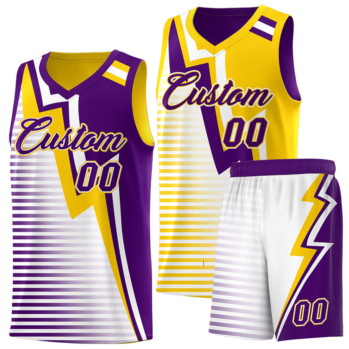 Custom Purple Gold White Gradient Stripes Lightning Pattern Reversible Sets Basketball Jersey| KXKSHOP