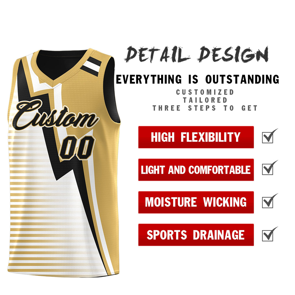 Custom Black Old Gold White Gradient Stripes Lightning Pattern Reversible Sets Basketball Jersey| KXKSHOP