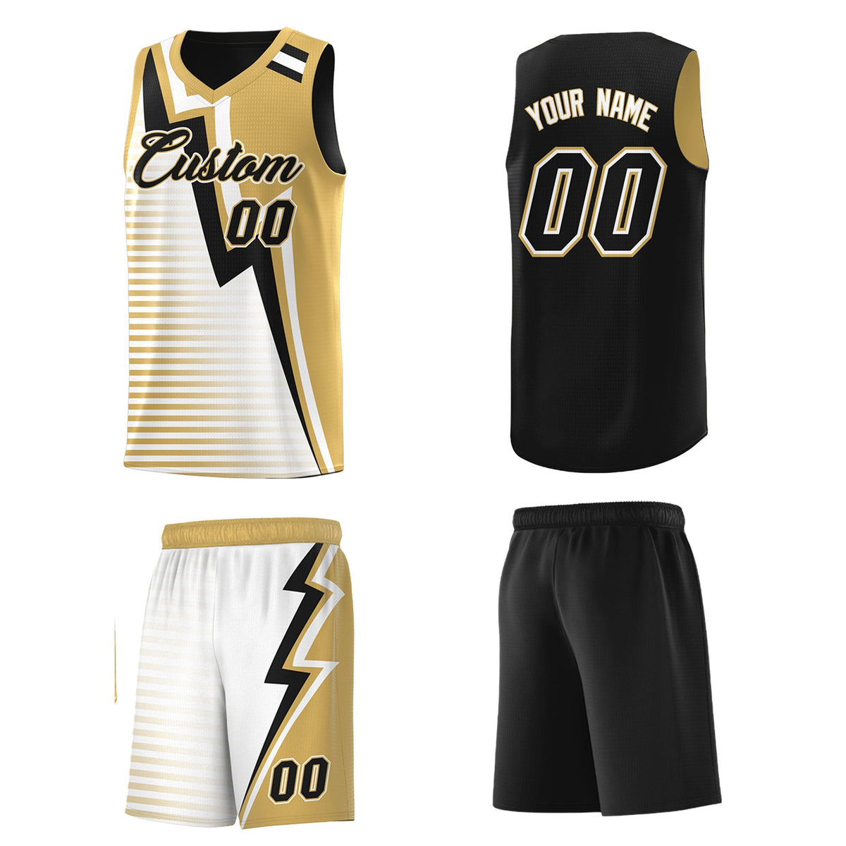 Custom Black Old Gold White Gradient Stripes Lightning Pattern Reversible Sets Basketball Jersey| KXKSHOP