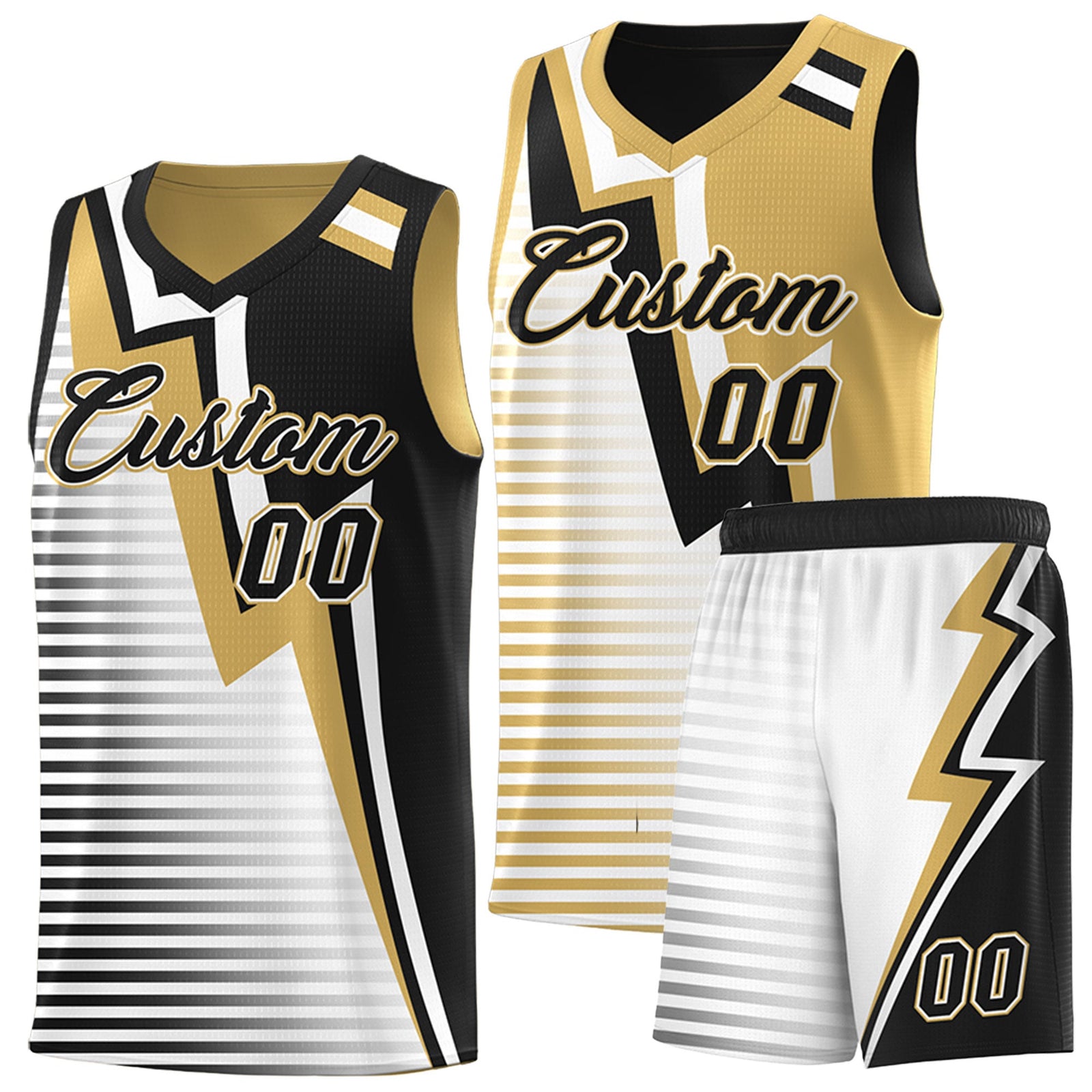 Custom Black Old Gold White Gradient Stripes Lightning Pattern Reversible Sets Basketball Jersey| KXKSHOP