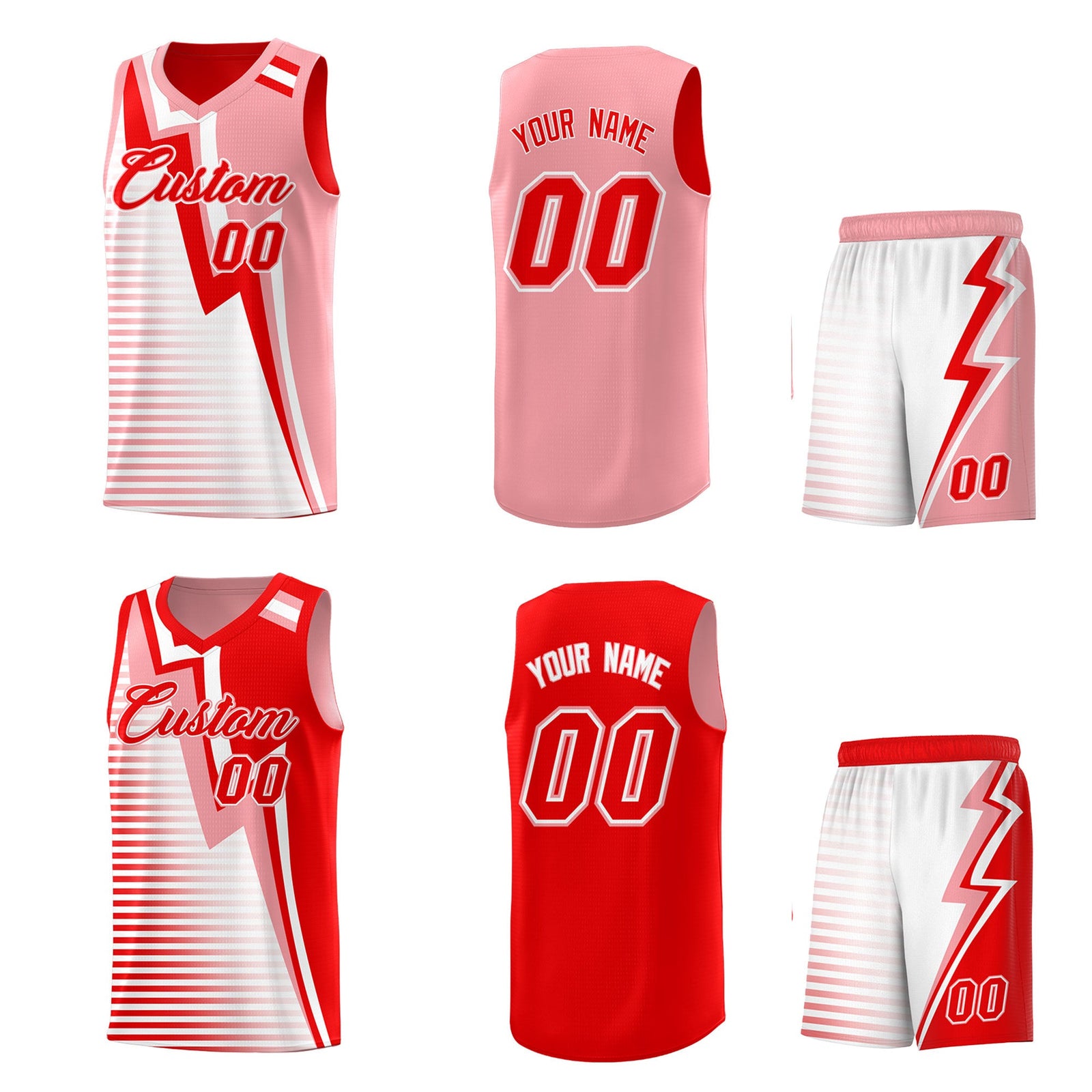 Custom Light Red Light Pink White Gradient Stripes Lightning Pattern Reversible Sets Basketball Jersey| KXKSHOP
