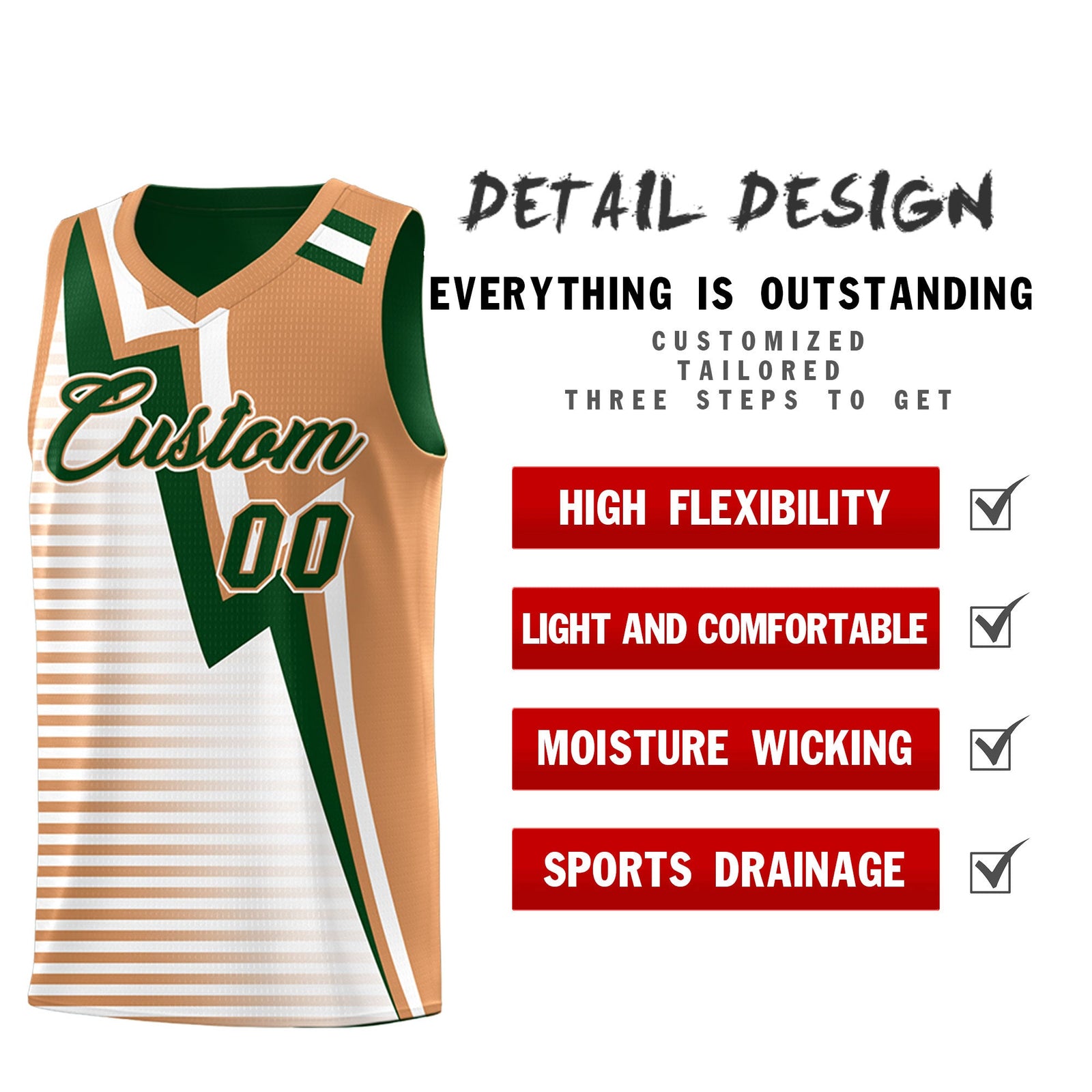 Custom Green Buckskin Brown White Gradient Stripes Lightning Pattern Reversible Sets Basketball Jersey| KXKSHOP
