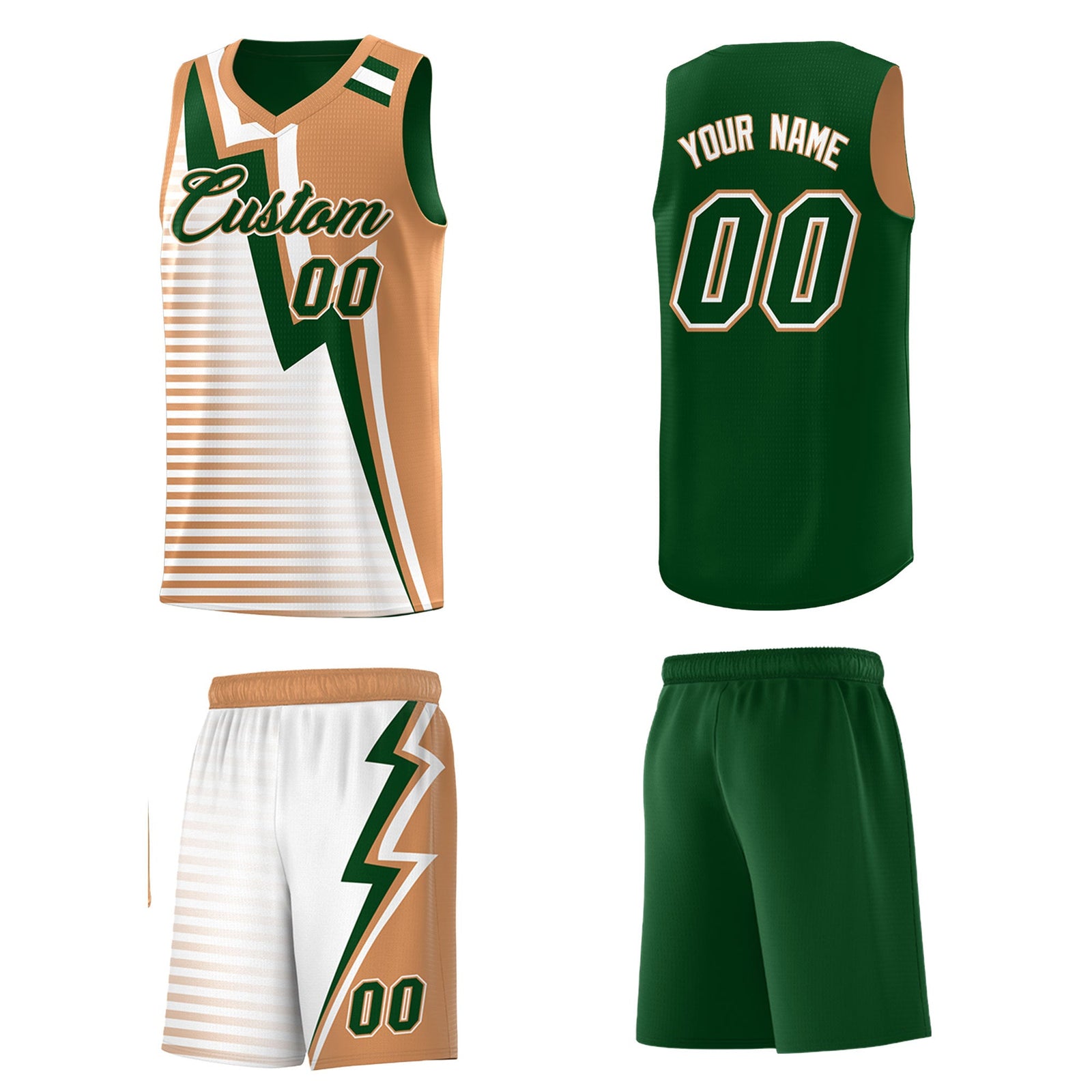 Custom Green Buckskin Brown White Gradient Stripes Lightning Pattern Reversible Sets Basketball Jersey| KXKSHOP