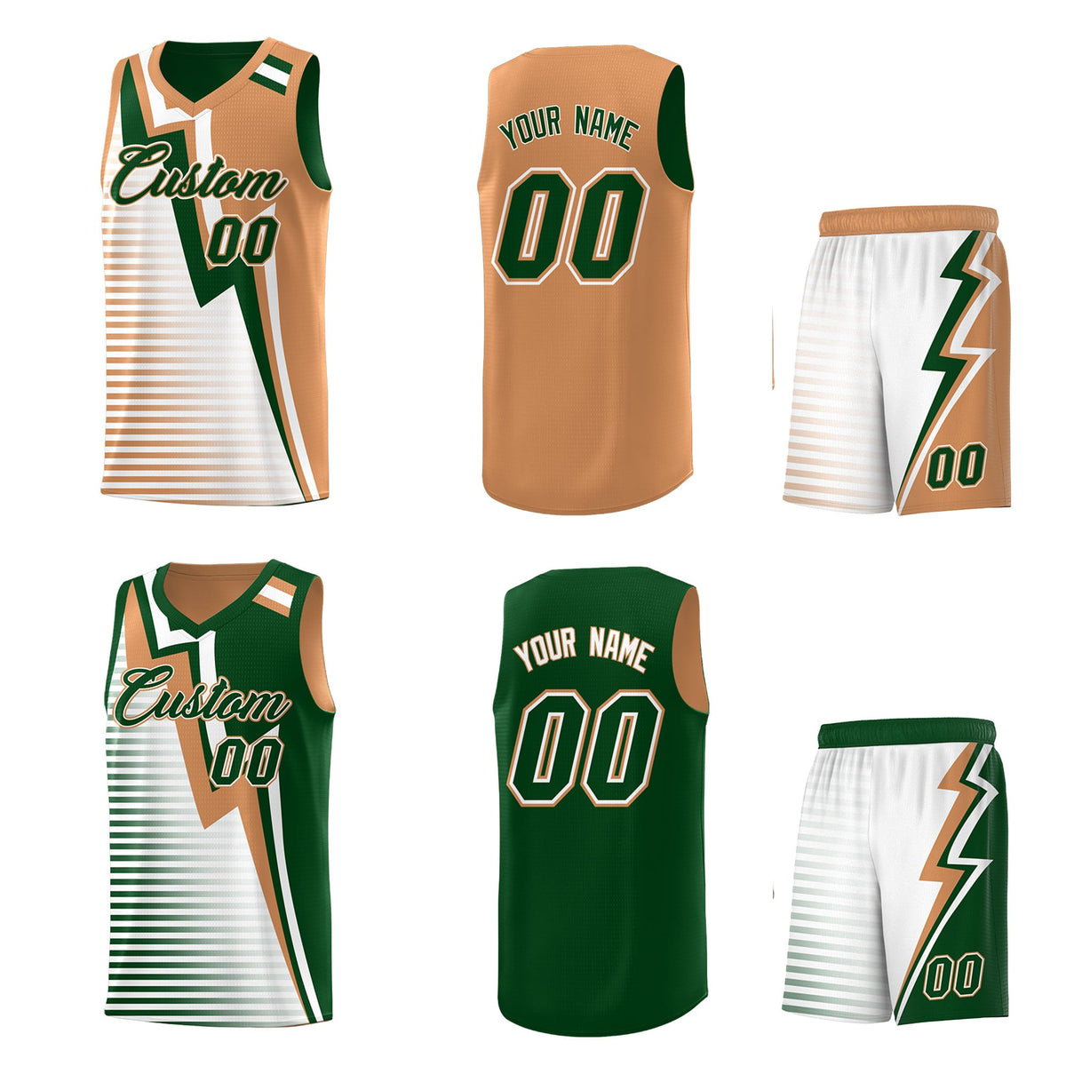 Custom Green Buckskin Brown White Gradient Stripes Lightning Pattern Reversible Sets Basketball Jersey| KXKSHOP