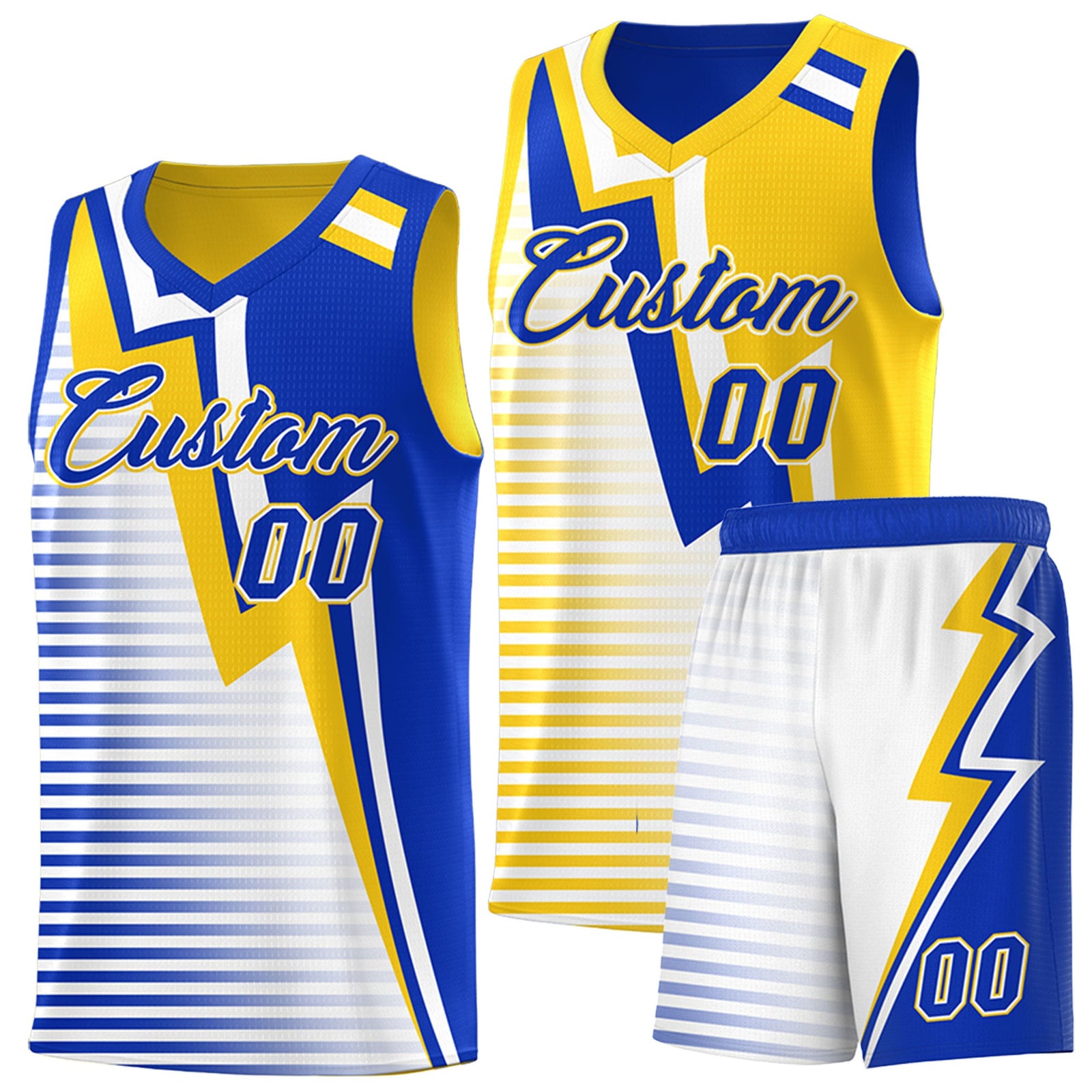 Custom Royal Blue Gold White Gradient Stripes Lightning Pattern Reversible Sets Basketball Jersey| KXKSHOP