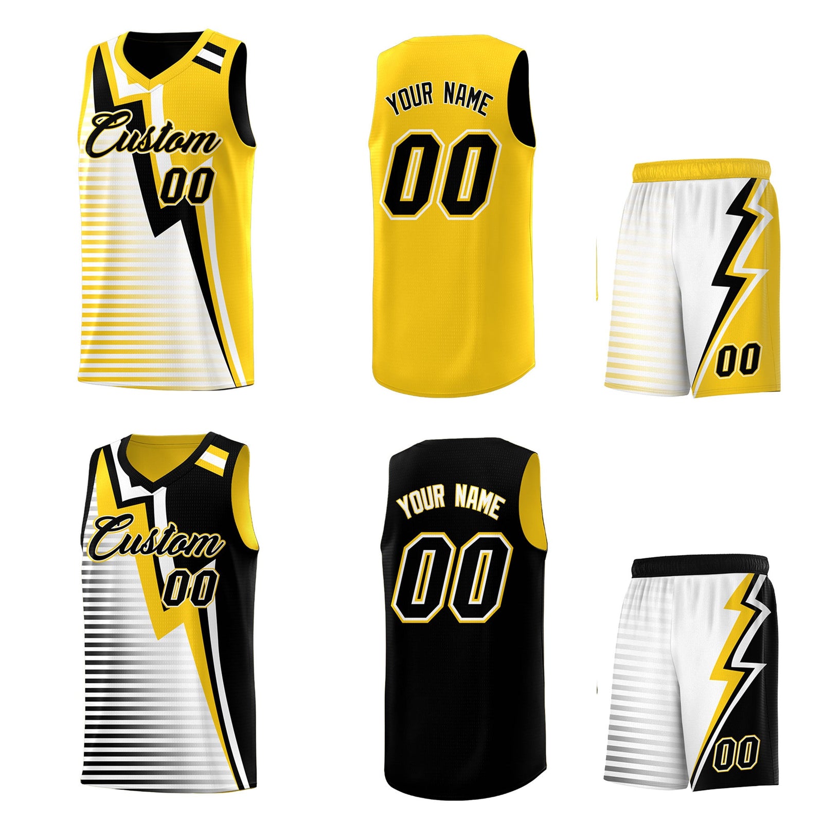 Custom Black Gold White Gradient Stripes Lightning Pattern Reversible Sets Basketball Jersey| KXKSHOP