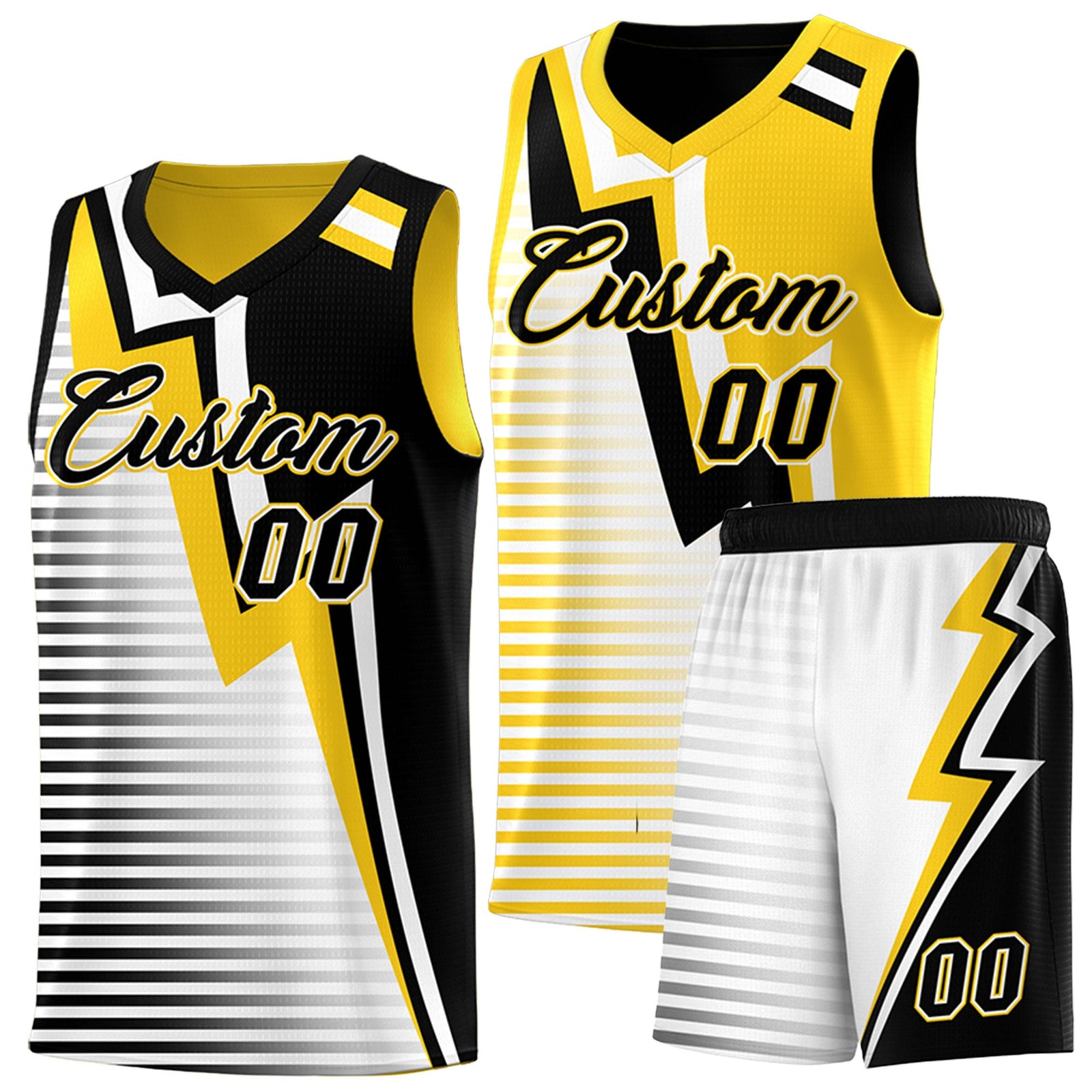 Custom Black Gold White Gradient Stripes Lightning Pattern Reversible Sets Basketball Jersey| KXKSHOP