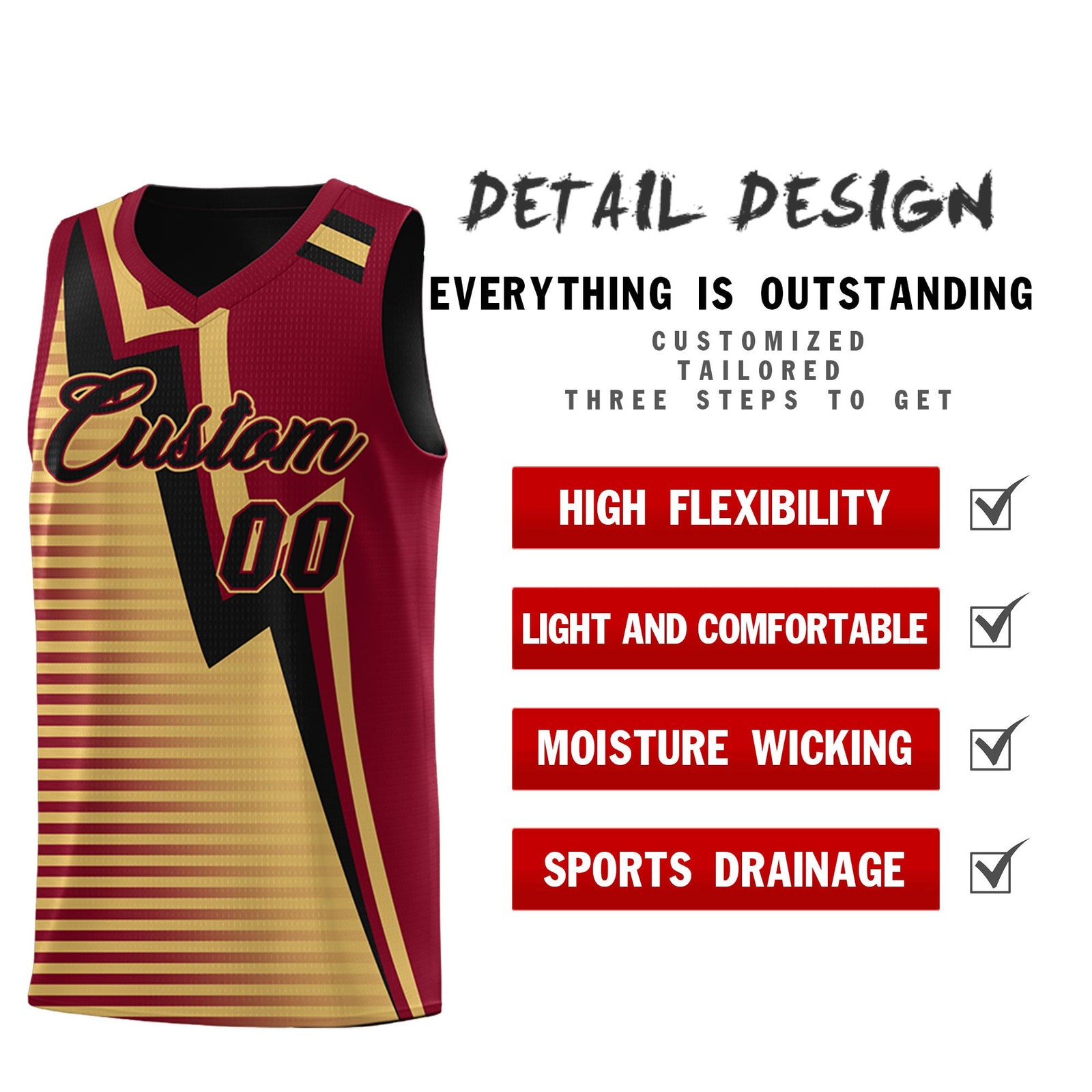 Custom Black Old Gold Crimson Gradient Stripes Lightning Pattern Reversible Sets Basketball Jersey| KXKSHOP