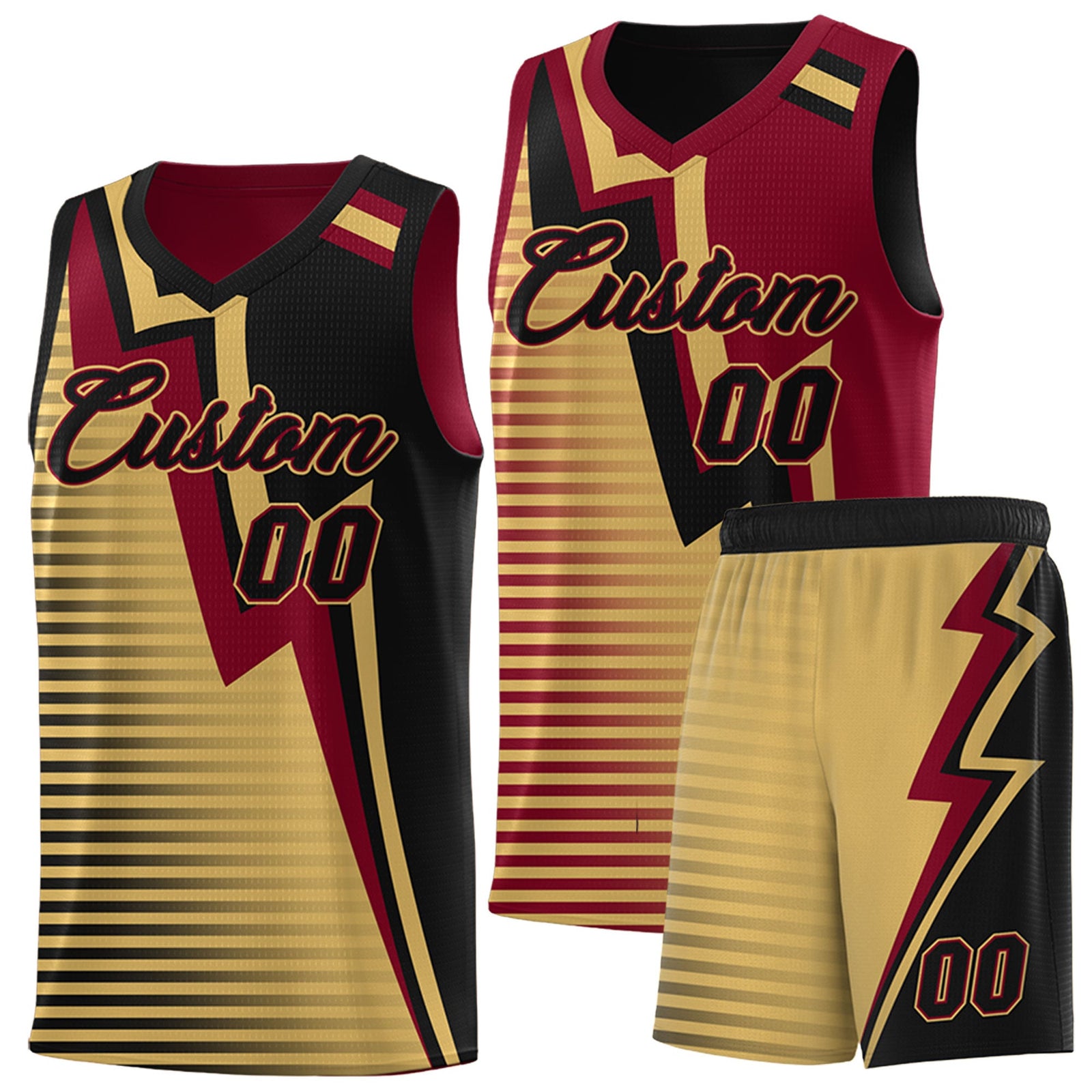 Custom Black Old Gold Crimson Gradient Stripes Lightning Pattern Reversible Sets Basketball Jersey| KXKSHOP