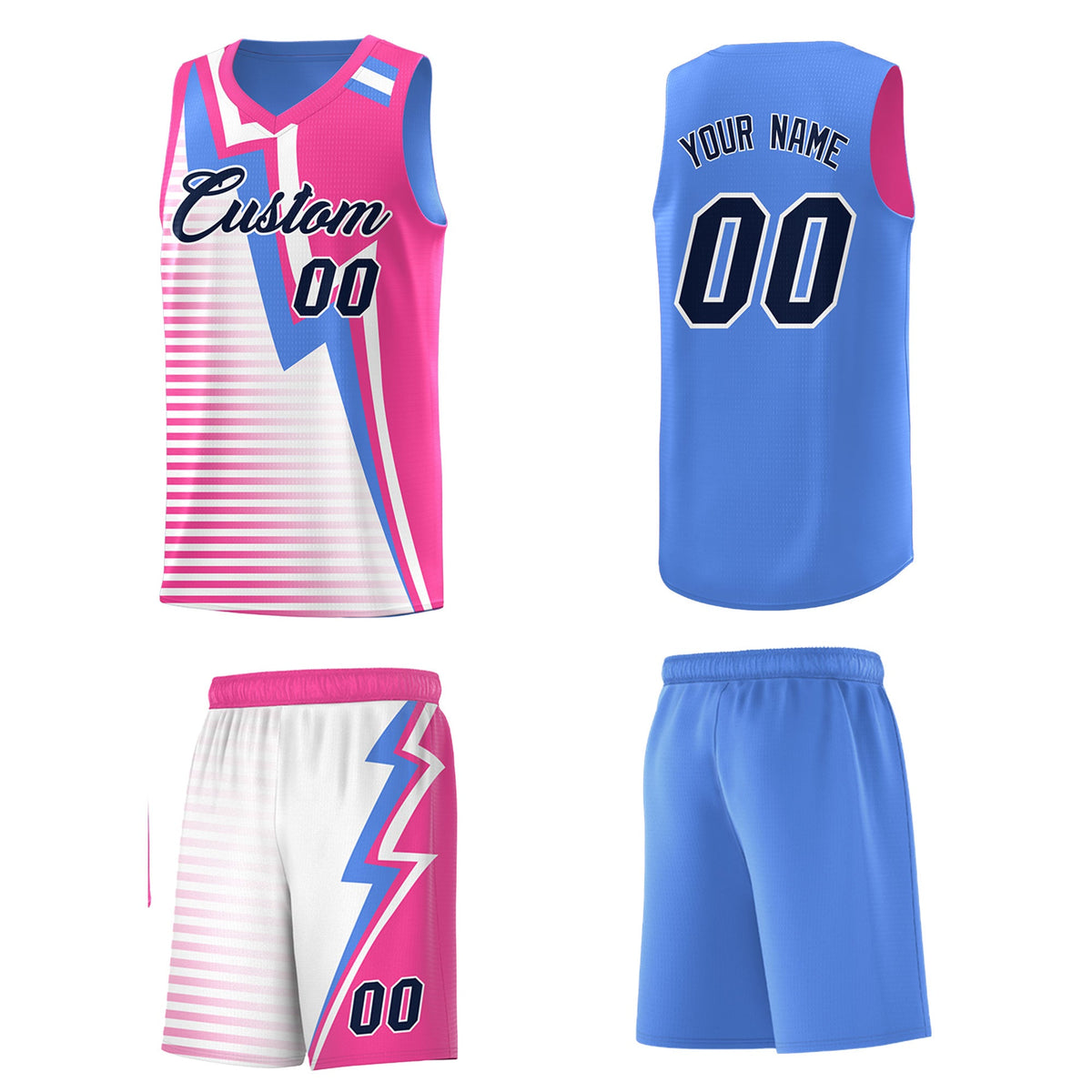 Custom Powder Blue Pink White Gradient Stripes Lightning Pattern Reversible Sets Basketball Jersey| KXKSHOP