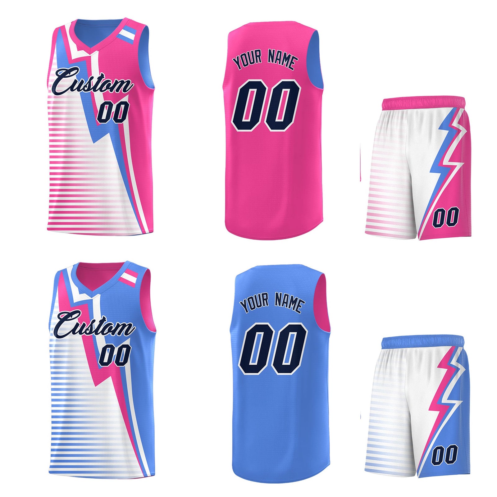 Custom Powder Blue Pink White Gradient Stripes Lightning Pattern Reversible Sets Basketball Jersey| KXKSHOP