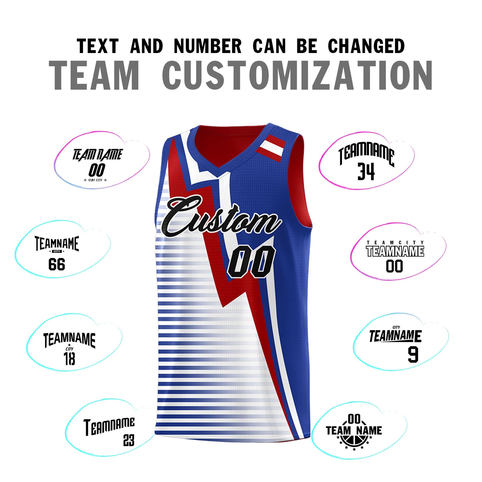 Custom Red Royal Blue White Gradient Stripes Lightning Pattern Reversible Sets Basketball Jersey| KXKSHOP