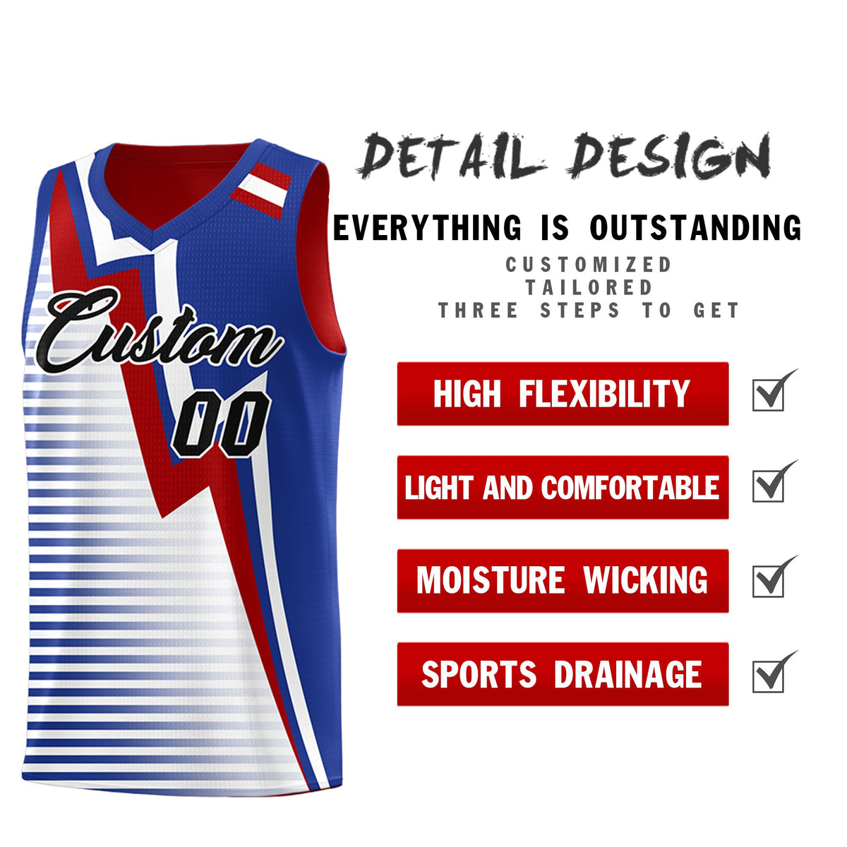 Custom Red Royal Blue White Gradient Stripes Lightning Pattern Reversible Sets Basketball Jersey| KXKSHOP