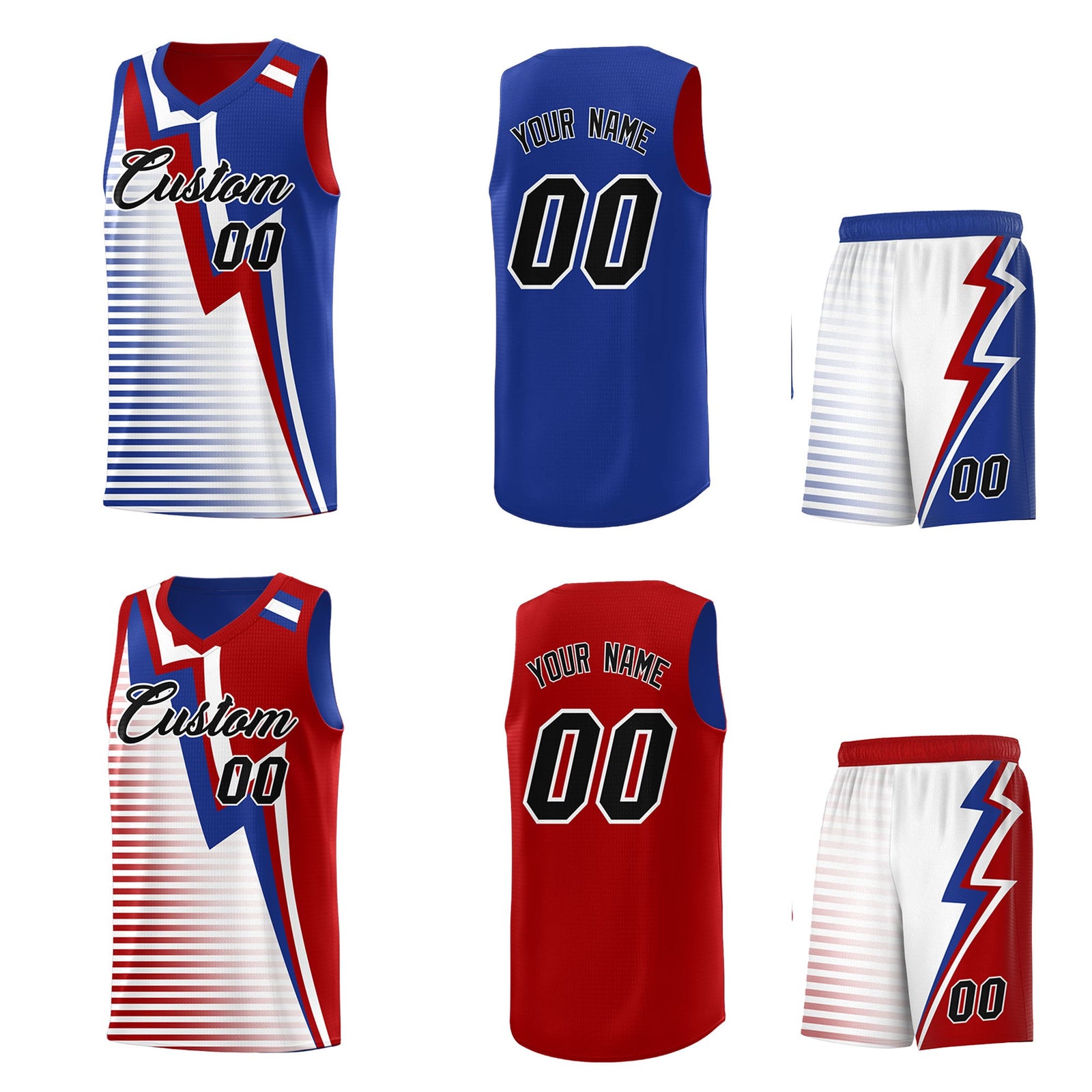 Custom Red Royal Blue White Gradient Stripes Lightning Pattern Reversible Sets Basketball Jersey| KXKSHOP