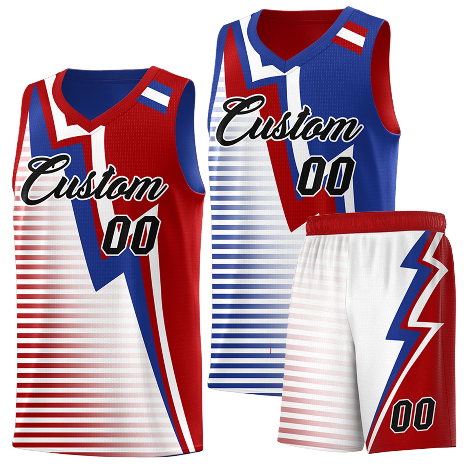 Custom Red Royal Blue White Gradient Stripes Lightning Pattern Reversible Sets Basketball Jersey| KXKSHOP