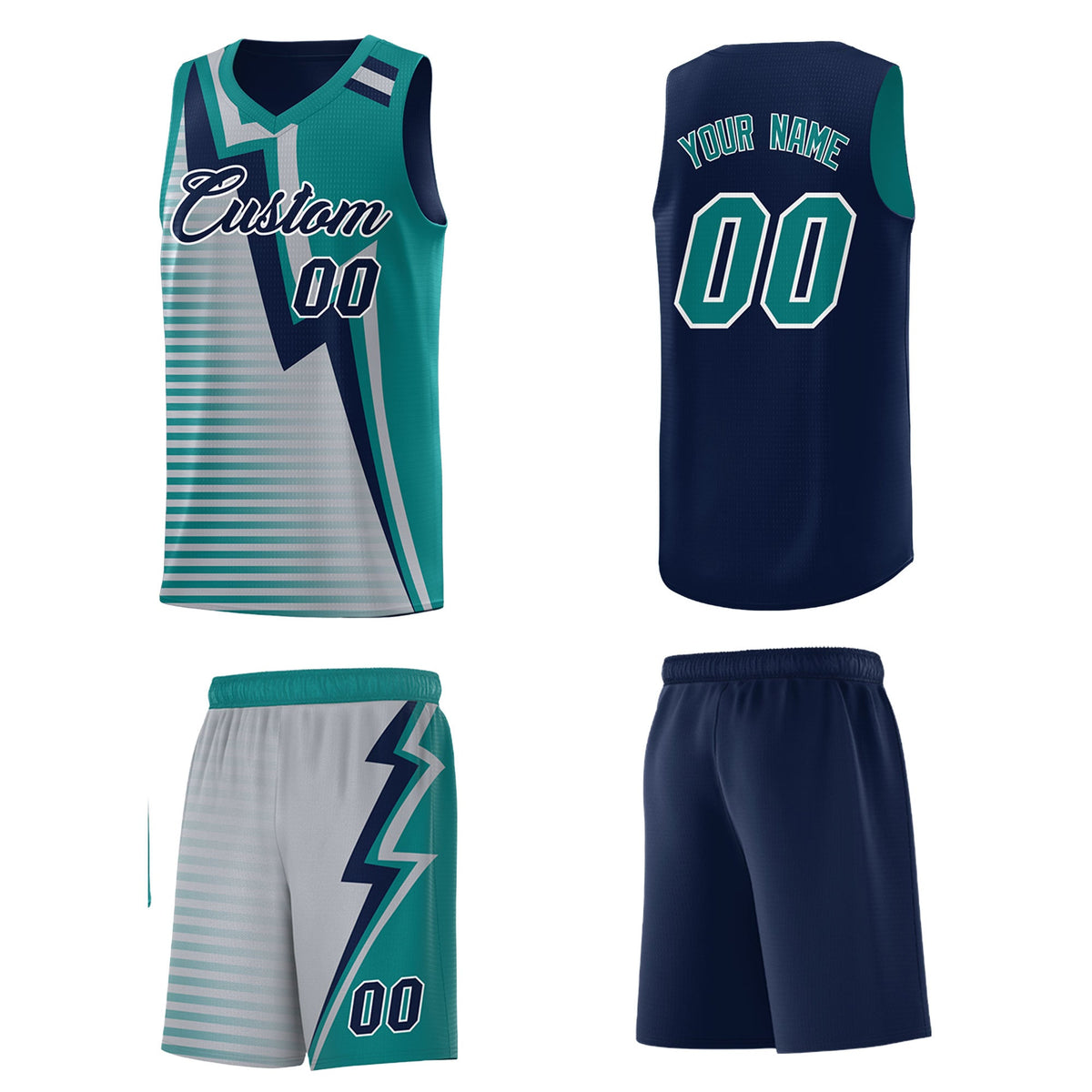 Custom Navy Teal Gray Gradient Stripes Lightning Pattern Reversible Sets Basketball Jersey| KXKSHOP
