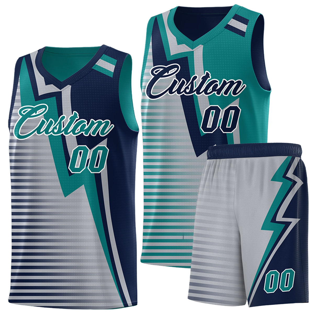 Custom Navy Teal Gray Gradient Stripes Lightning Pattern Reversible Sets Basketball Jersey| KXKSHOP