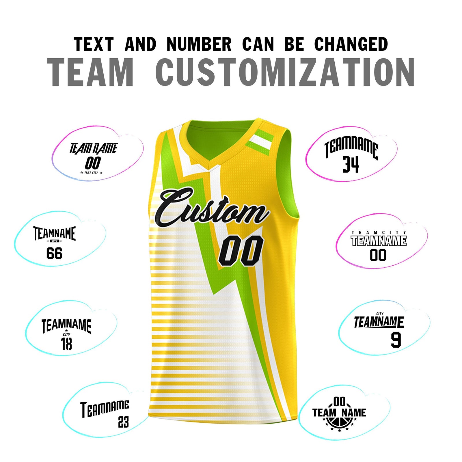 Custom Neon Green Gold White Gradient Stripes Lightning Pattern Reversible Sets Basketball Jersey| KXKSHOP