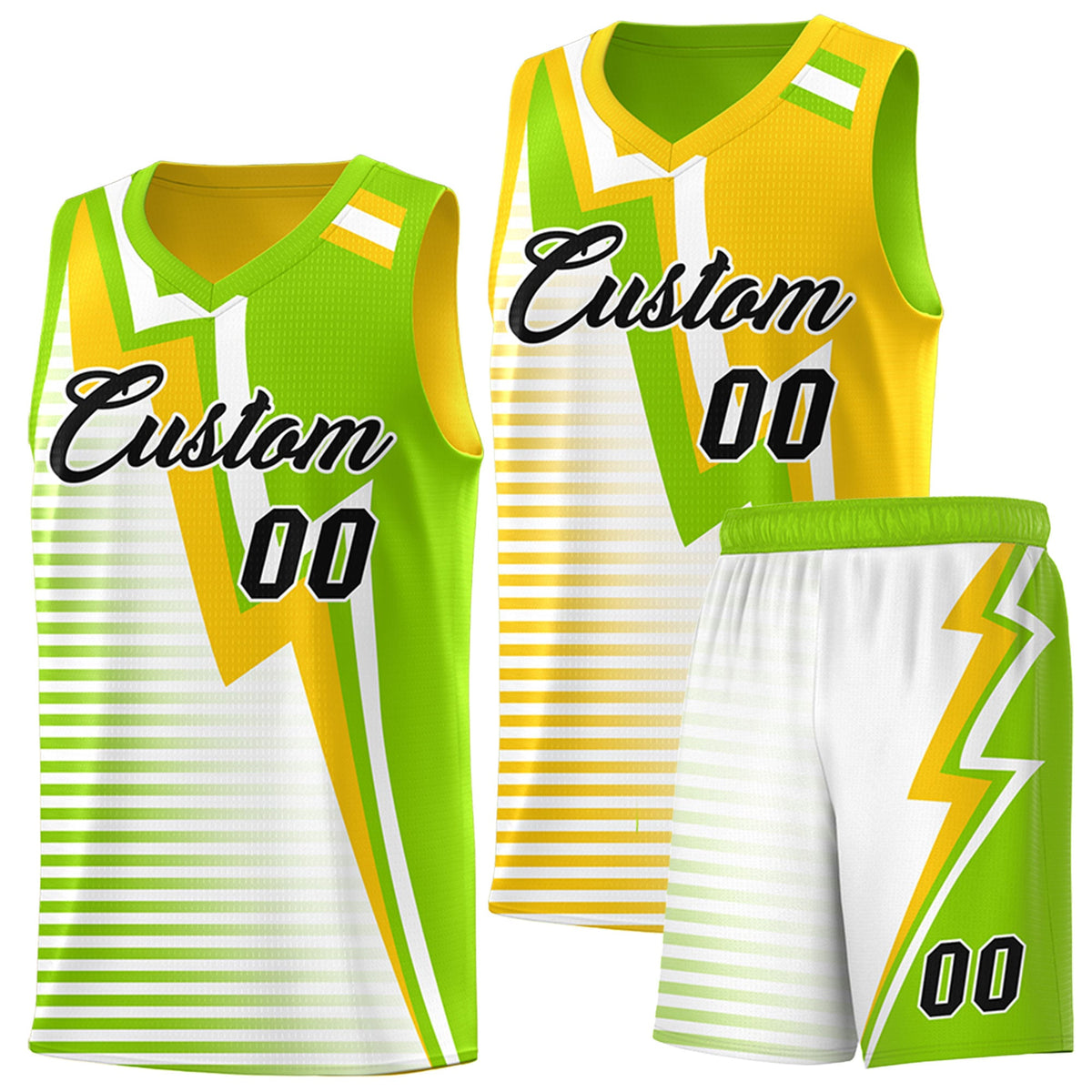 Custom Neon Green Gold White Gradient Stripes Lightning Pattern Reversible Sets Basketball Jersey| KXKSHOP