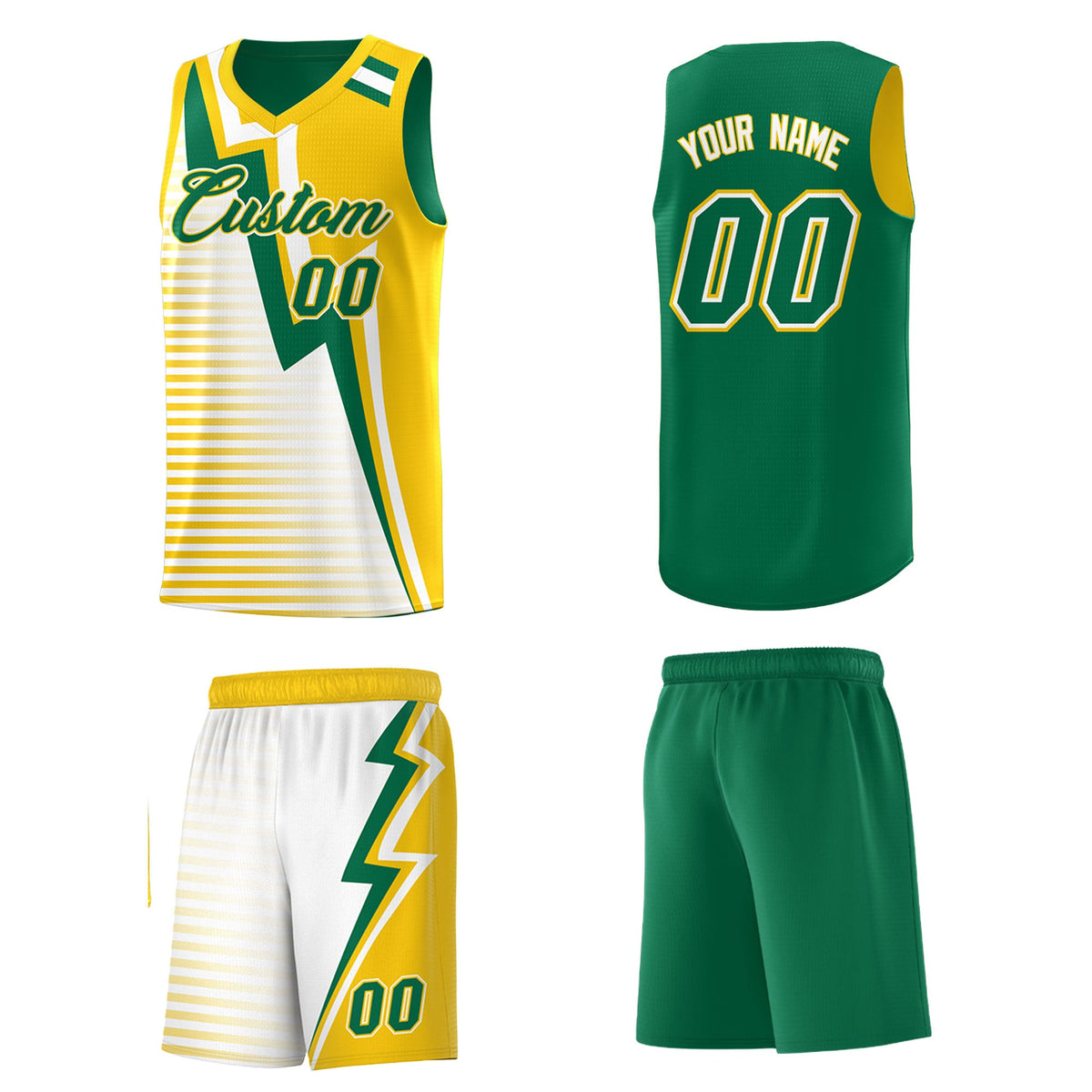 Custom Kelly Green Gold White Gradient Stripes Lightning Pattern Reversible Sets Basketball Jersey| KXKSHOP